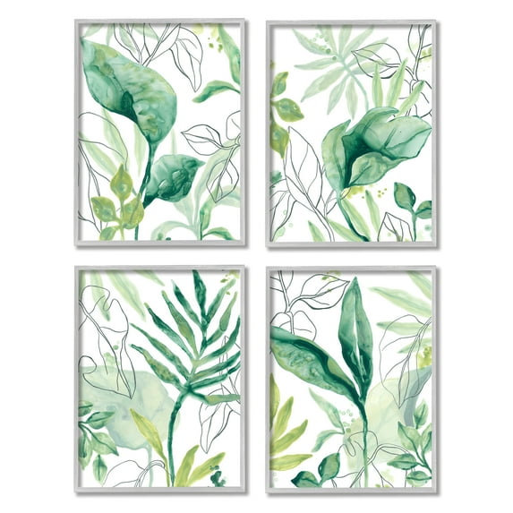 Stupell Industries Varied Green Tropical Plant Leaves Botanical & Floral Painting Gray Framed Art Print Wall Art, Set of 4