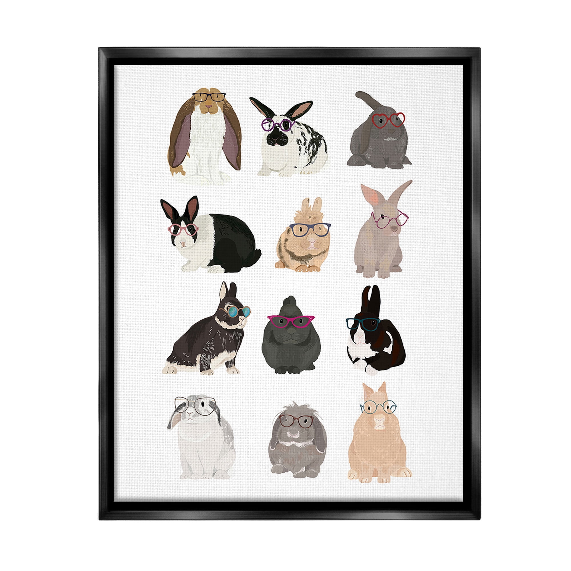 Stupell Industries Varied Hipster Bunnies Animals & Insects Painting Black Floater Framed Canvas Art Print Wall Art, 17 x 21