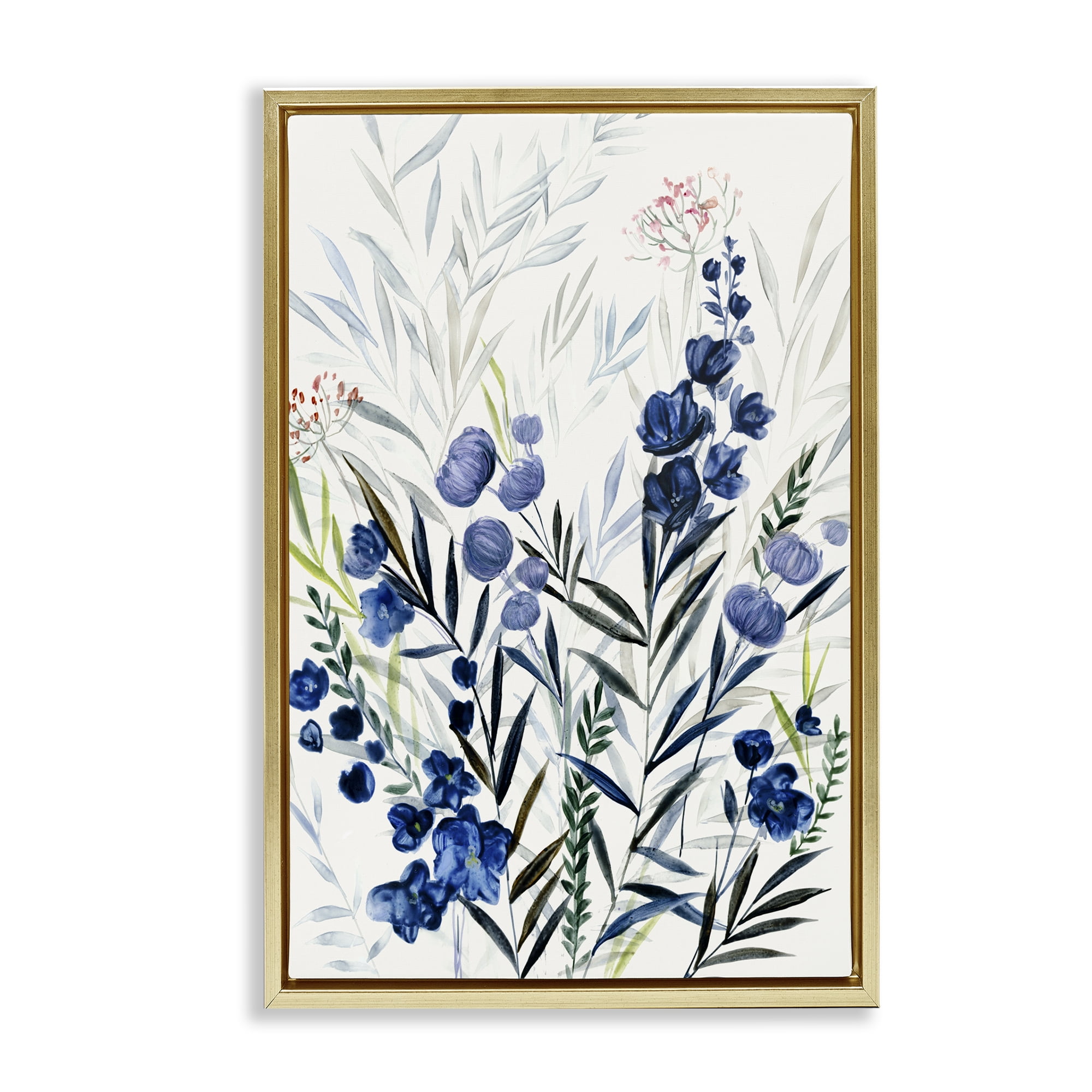 Stupell Industries Varied Indigo Herbs Plants & Flowers Painting Gold Floater Framed Canvas Art Print Wall Art, 21 x 31