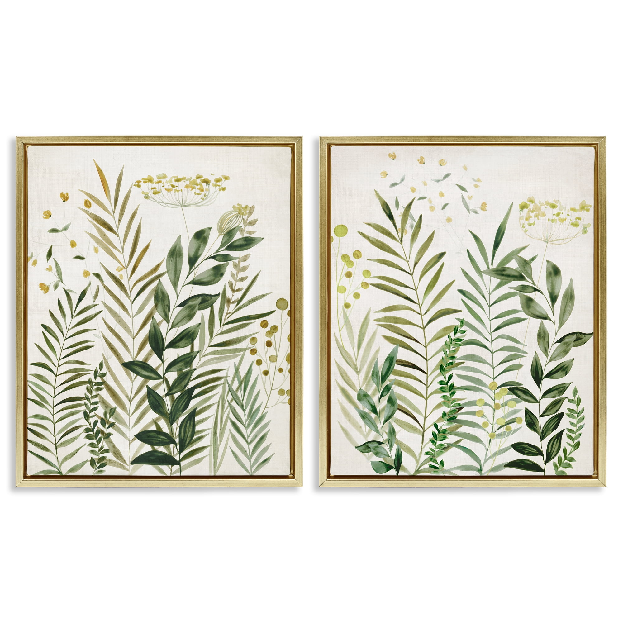 Stupell Industries Varied Leaves & Fronds Plants & Flowers Painting Gold Floater Framed Canvas Art Print Wall Art, 31 x 25, Set of 2