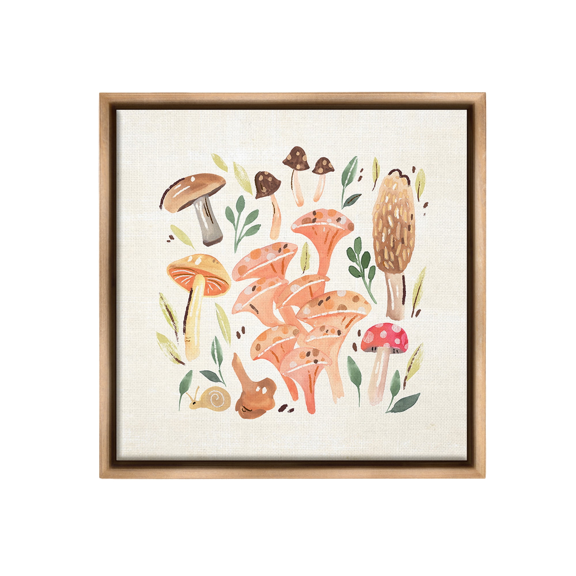 Stupell Industries Varied Mushrooms & Snail Botanical & Floral Painting Brown Floater Framed Canvas Art Print Wall Art, 25 x 25