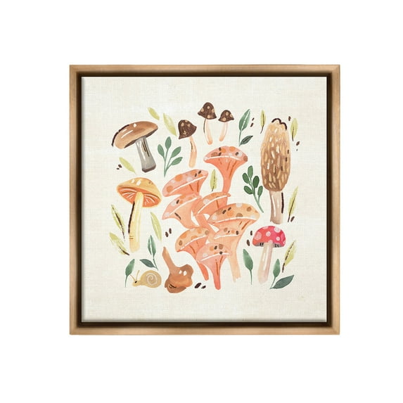Stupell Industries Varied Mushrooms & Snail Botanical & Floral Painting Brown Floater Framed Canvas Art Print Wall Art, 25 x 25