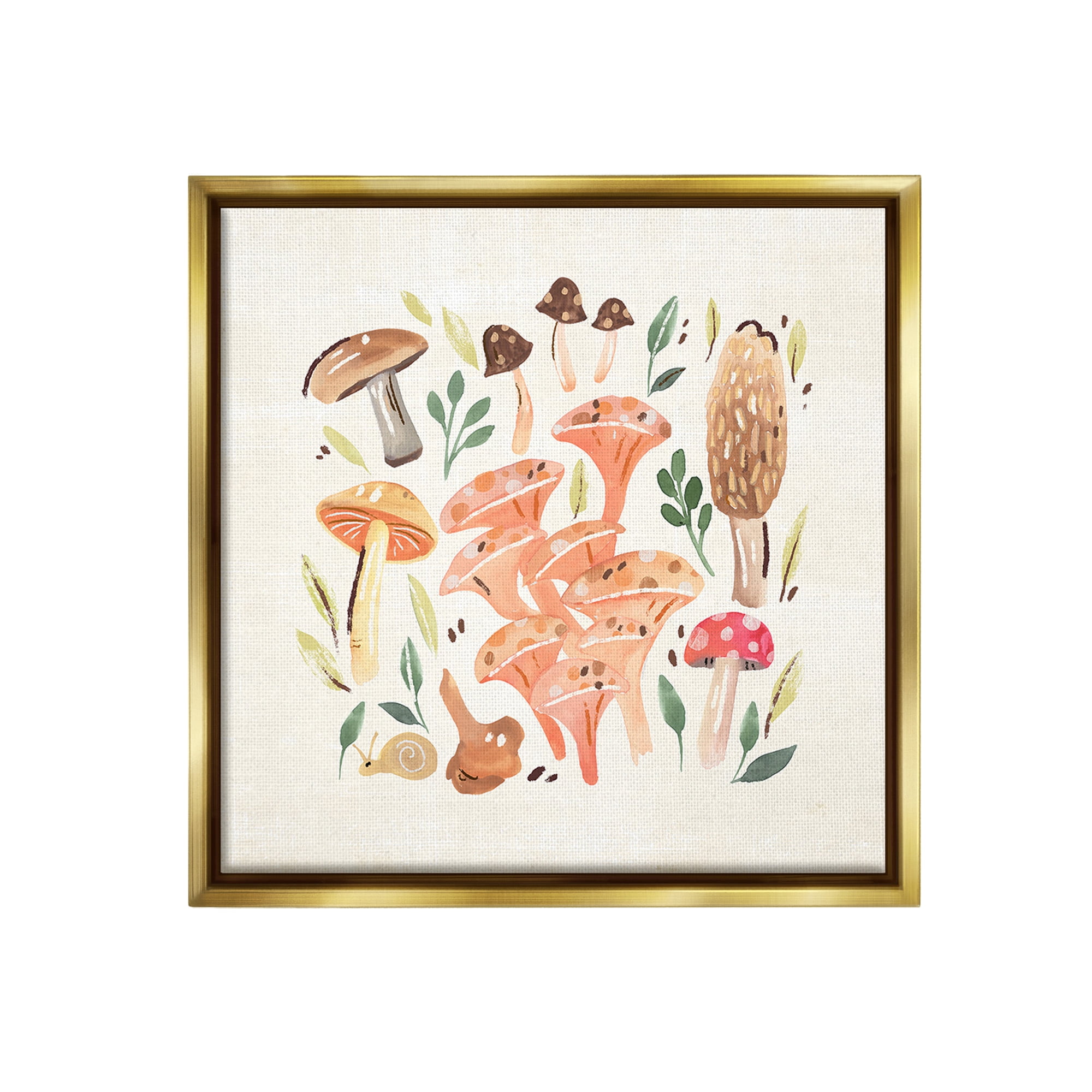 Stupell Industries Varied Mushrooms & Snail Botanical & Floral Painting Gold Floater Framed Canvas Art Print Wall Art, 25 x 25