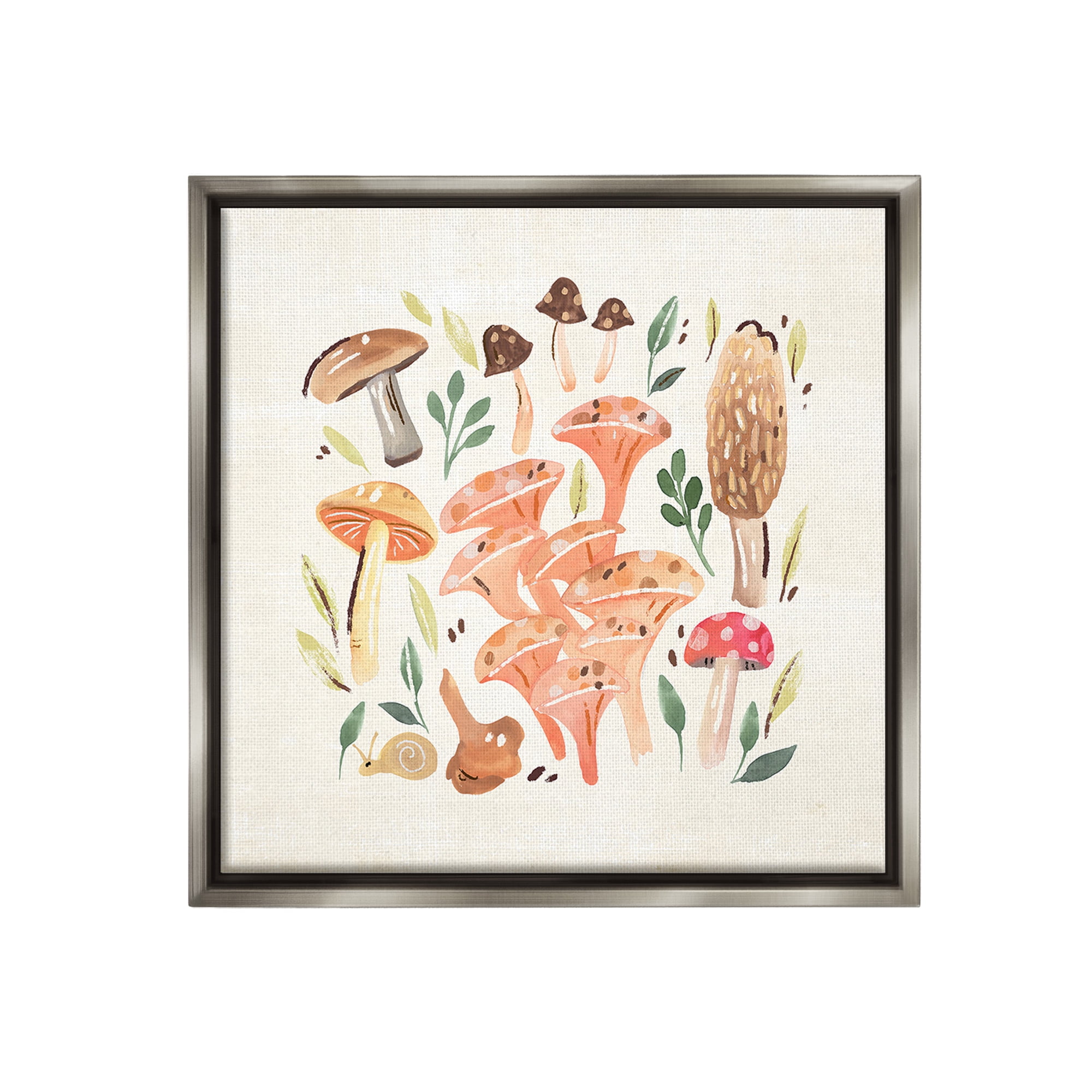 Stupell Industries Varied Mushrooms & Snail Botanical & Floral Painting Gray Floater Framed Canvas Art Print Wall Art, 25 x 25