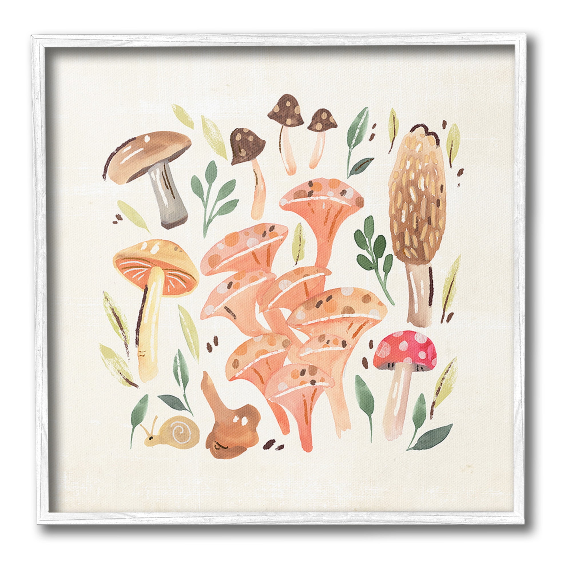 Stupell Industries Varied Mushrooms & Snail Botanical & Floral Painting White Framed Art Print Wall Art, 12 x 12