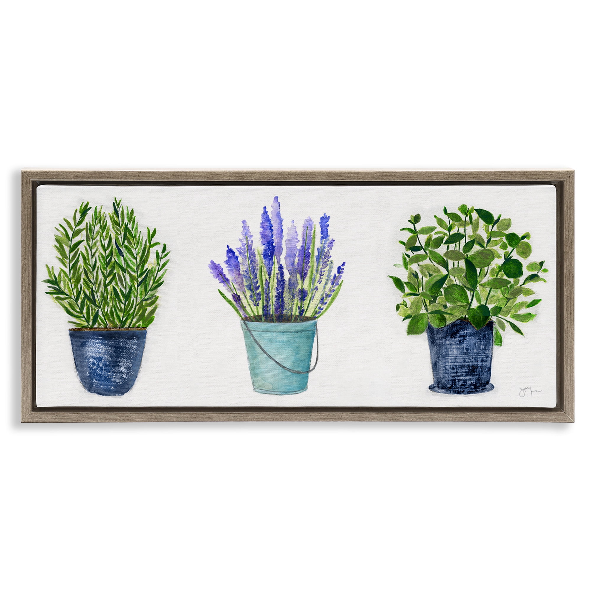 Stupell Industries Varied Potted Plants & Herbs Botanical & Floral Painting Brown Floater Framed Canvas Art Print Wall Art, 31 x 14