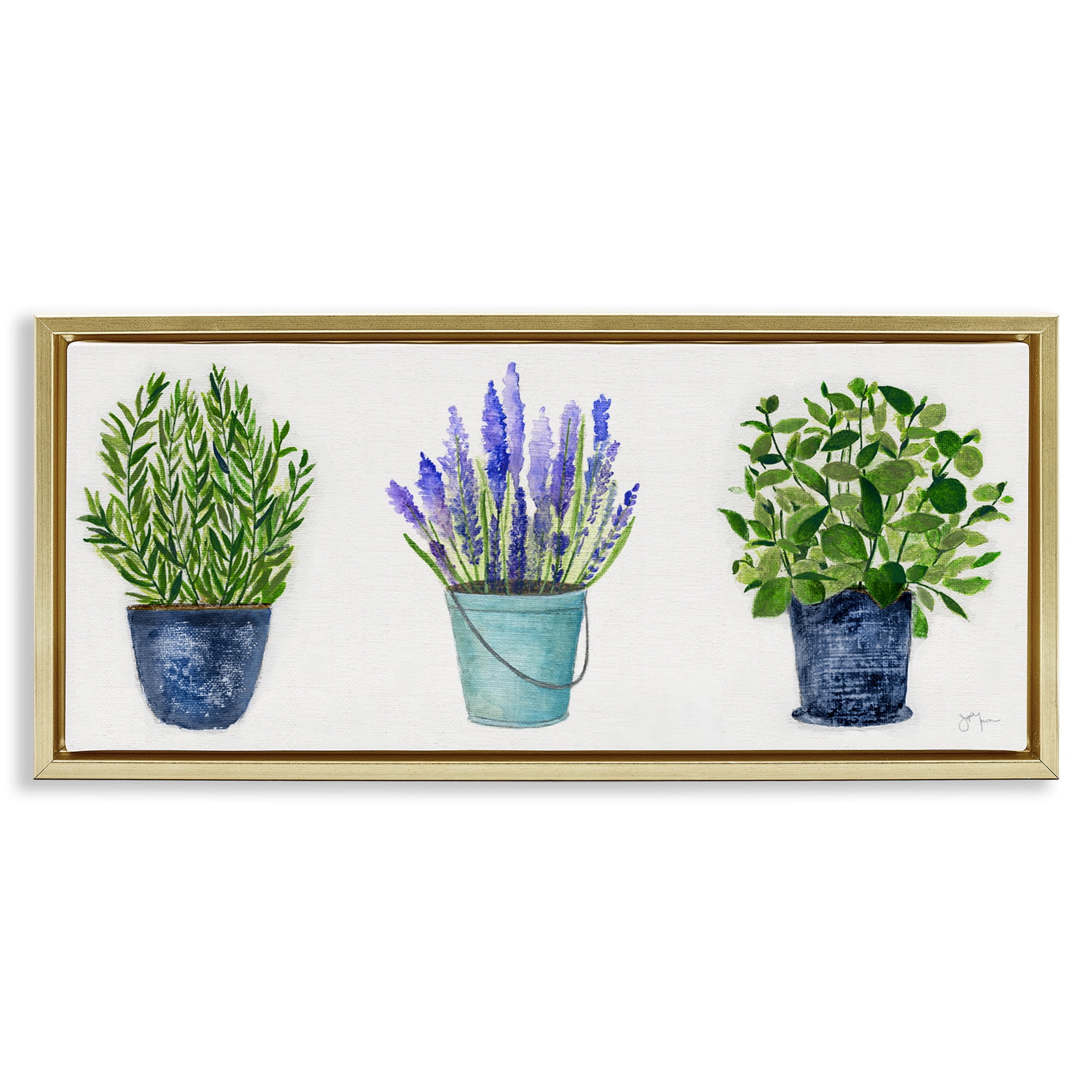 Stupell Industries Varied Potted Plants & Herbs Botanical & Floral Painting Gold Floater Framed Canvas Art Print Wall Art, 31 x 14