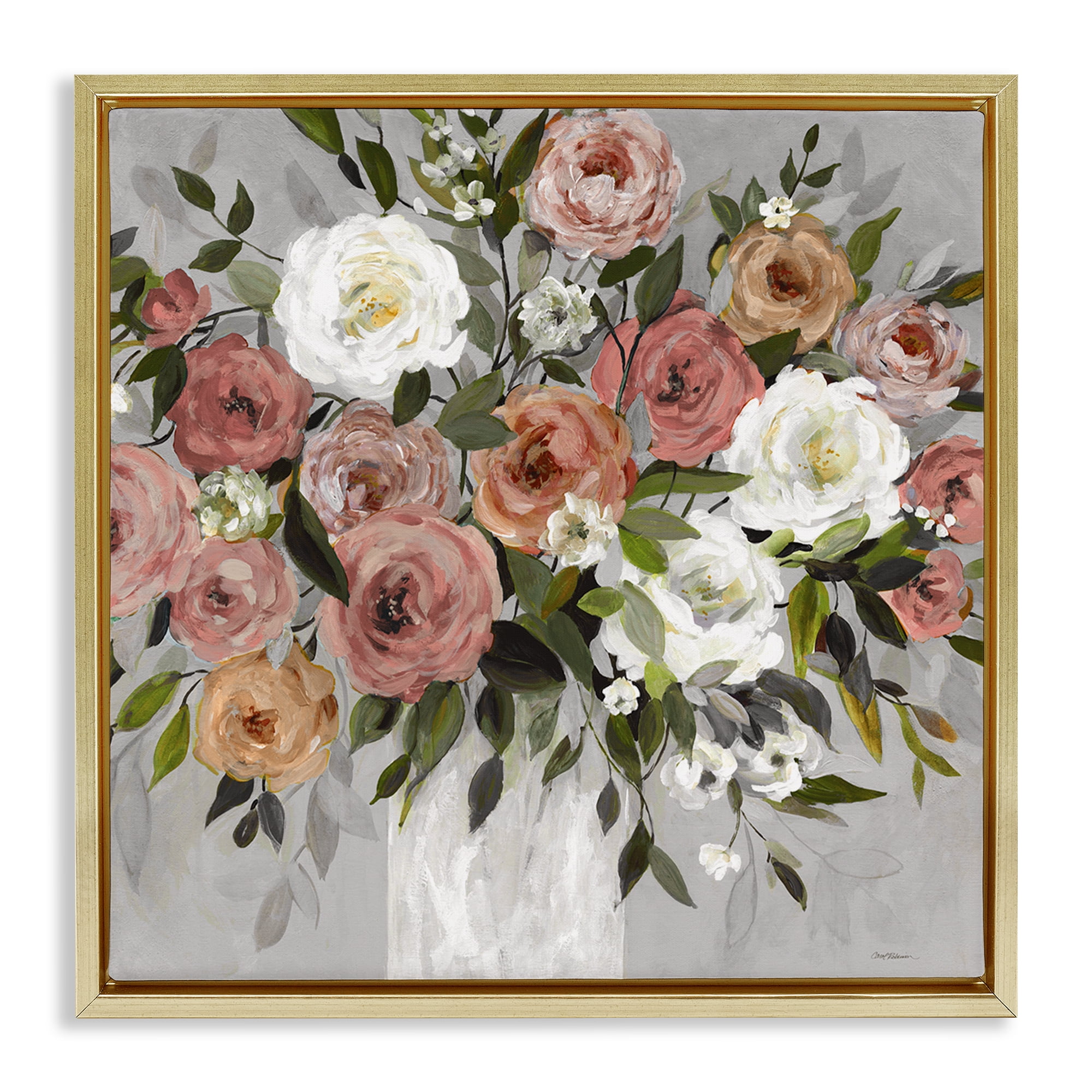 Stupell Industries Varied Roses Bouquet Plants & Flowers Painting Gold Floater Framed Canvas Art Print Wall Art, 18 x 18