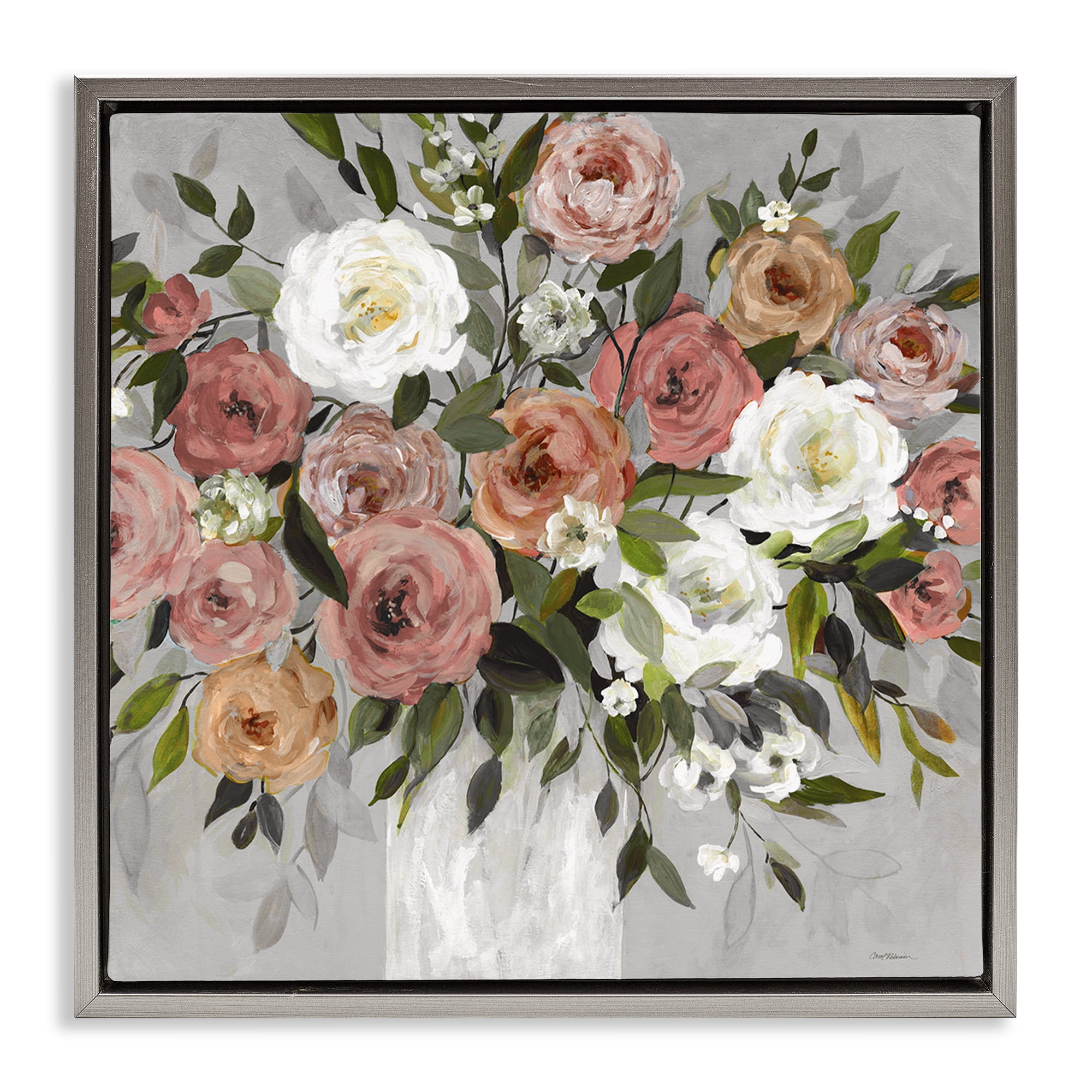 Stupell Industries Varied Roses Bouquet Plants & Flowers Painting Gray Floater Framed Canvas Art Print Wall Art, 18 x 18