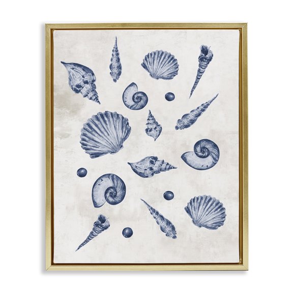 Stupell Industries Varied Seashells Pattern Gold Framed Floater Canvas Wall Art design by Jacob Q, 21 x 17