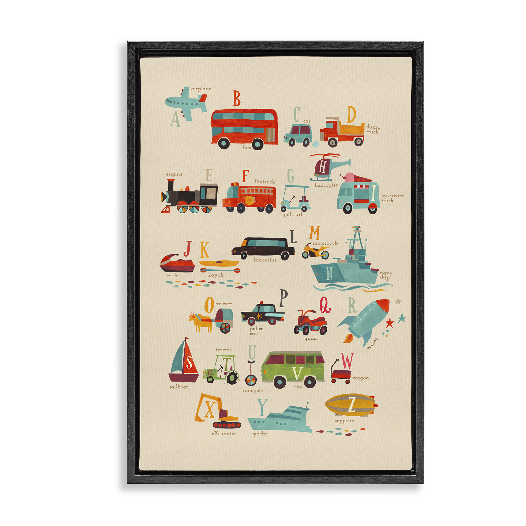 Stupell Industries Varied Transportation Alphabet Education Painting Black Floater Framed Canvas Art Print Wall Art, 17 x 25