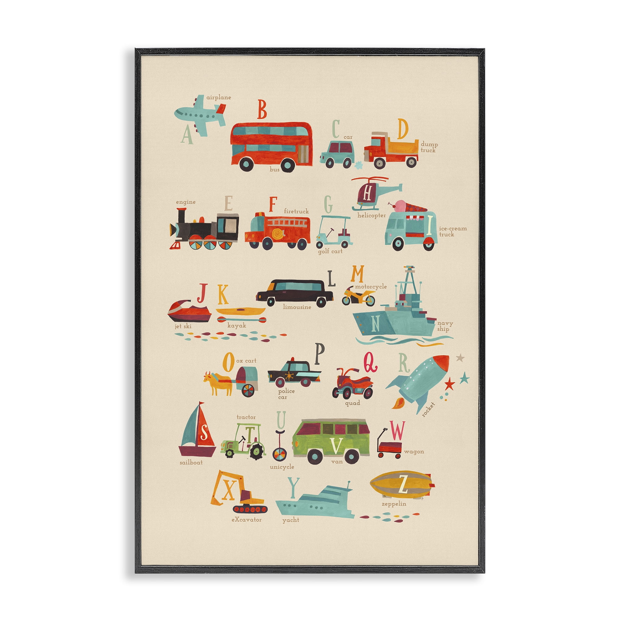 Stupell Industries Varied Transportation Alphabet Education Painting Black Framed Art Print Wall Art, 16 x 24