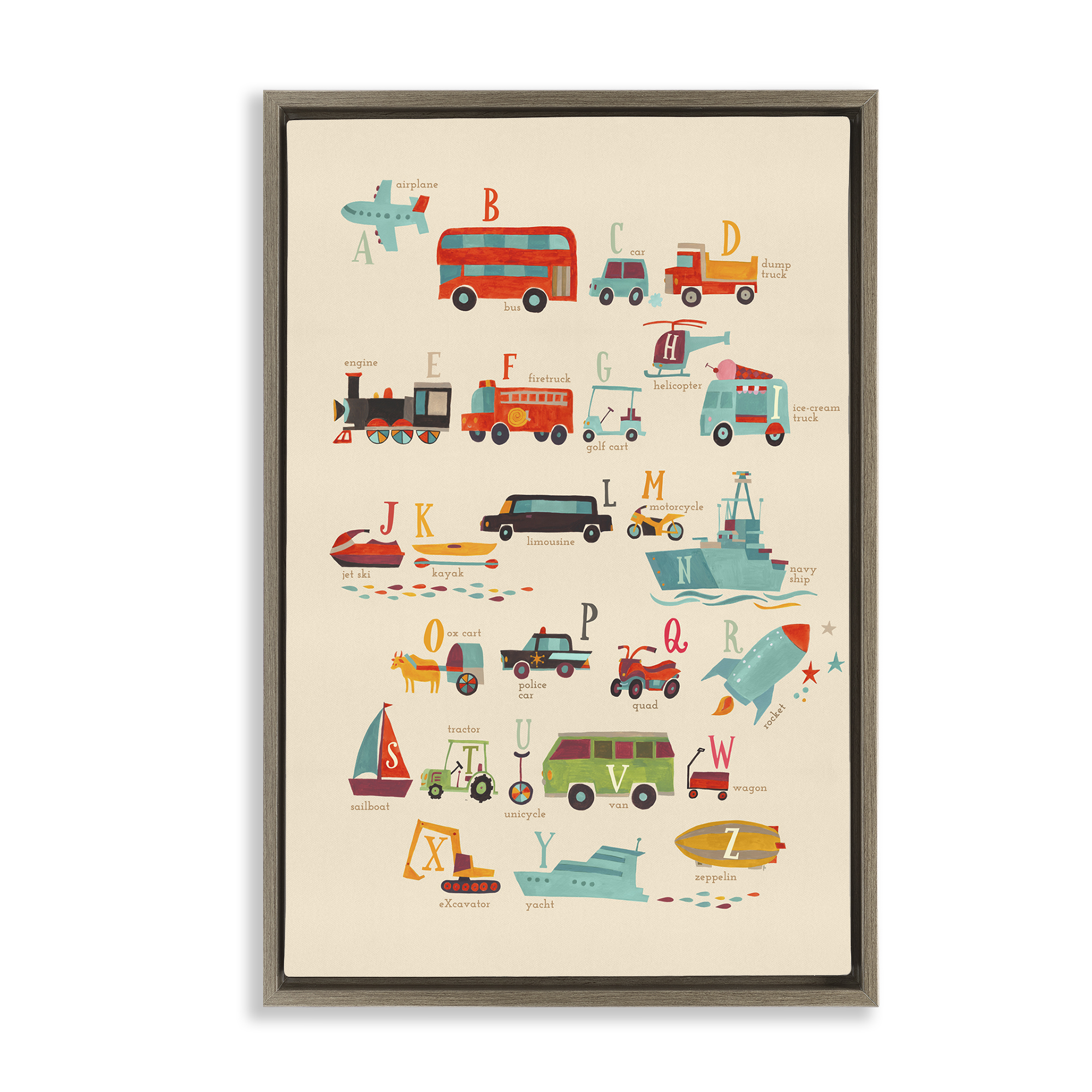 Stupell Industries Varied Transportation Alphabet Education Painting Brown Floater Framed Canvas Art Print Wall Art, 17 x 25