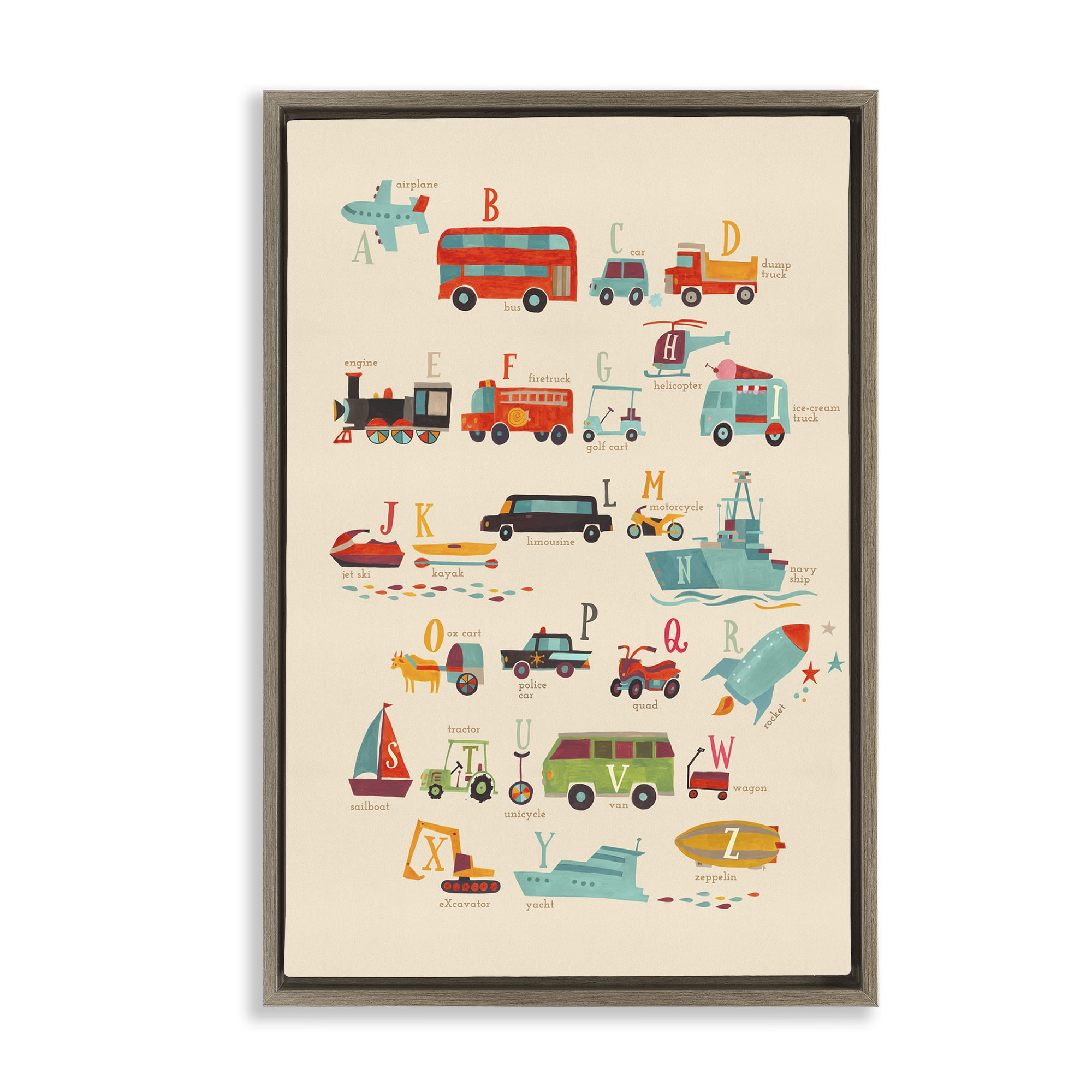 Stupell Industries Varied Transportation Alphabet Education Painting Brown Floater Framed Canvas Art Print Wall Art, 21 x 31