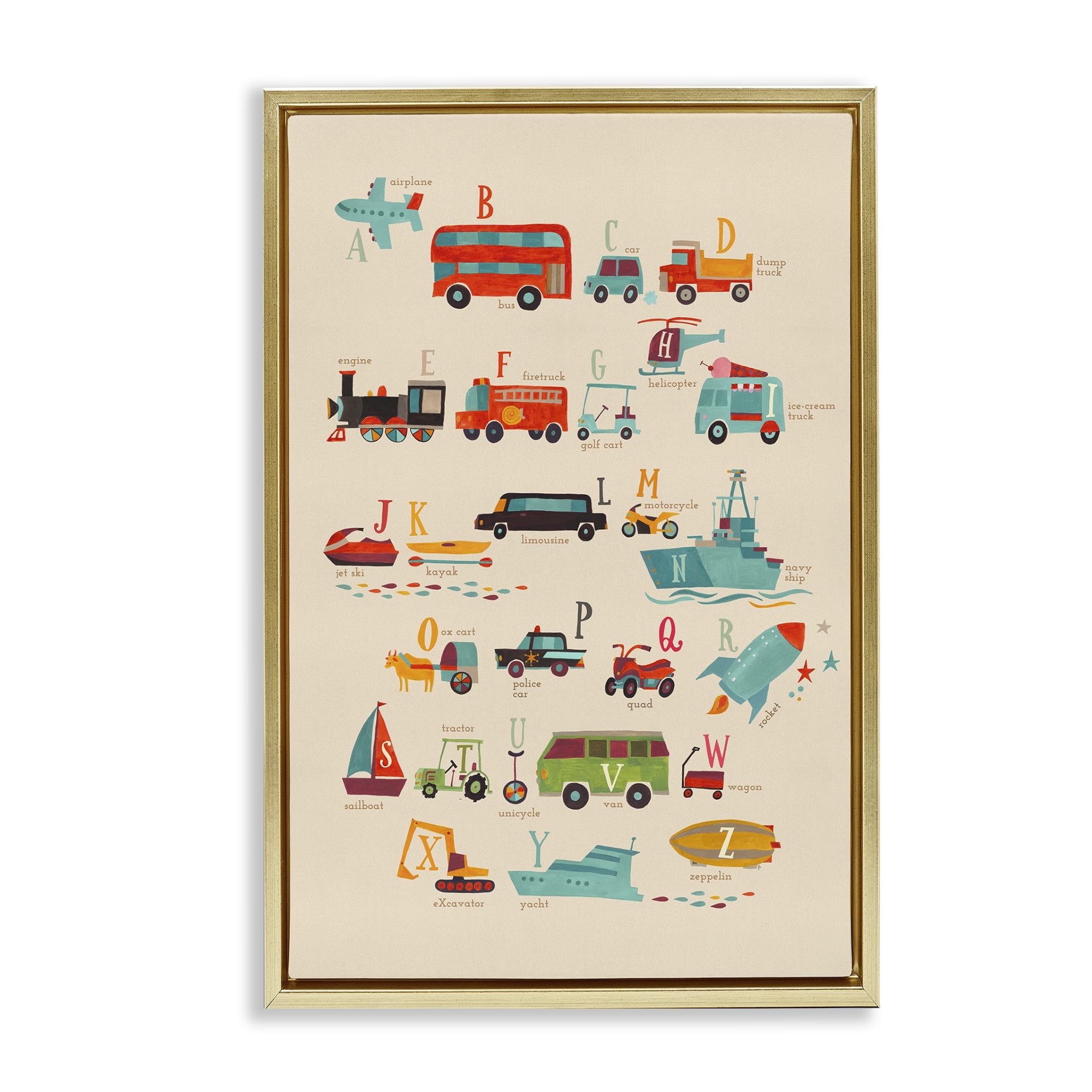 Stupell Industries Varied Transportation Alphabet Education Painting Gold Floater Framed Canvas Art Print Wall Art, 17 x 25
