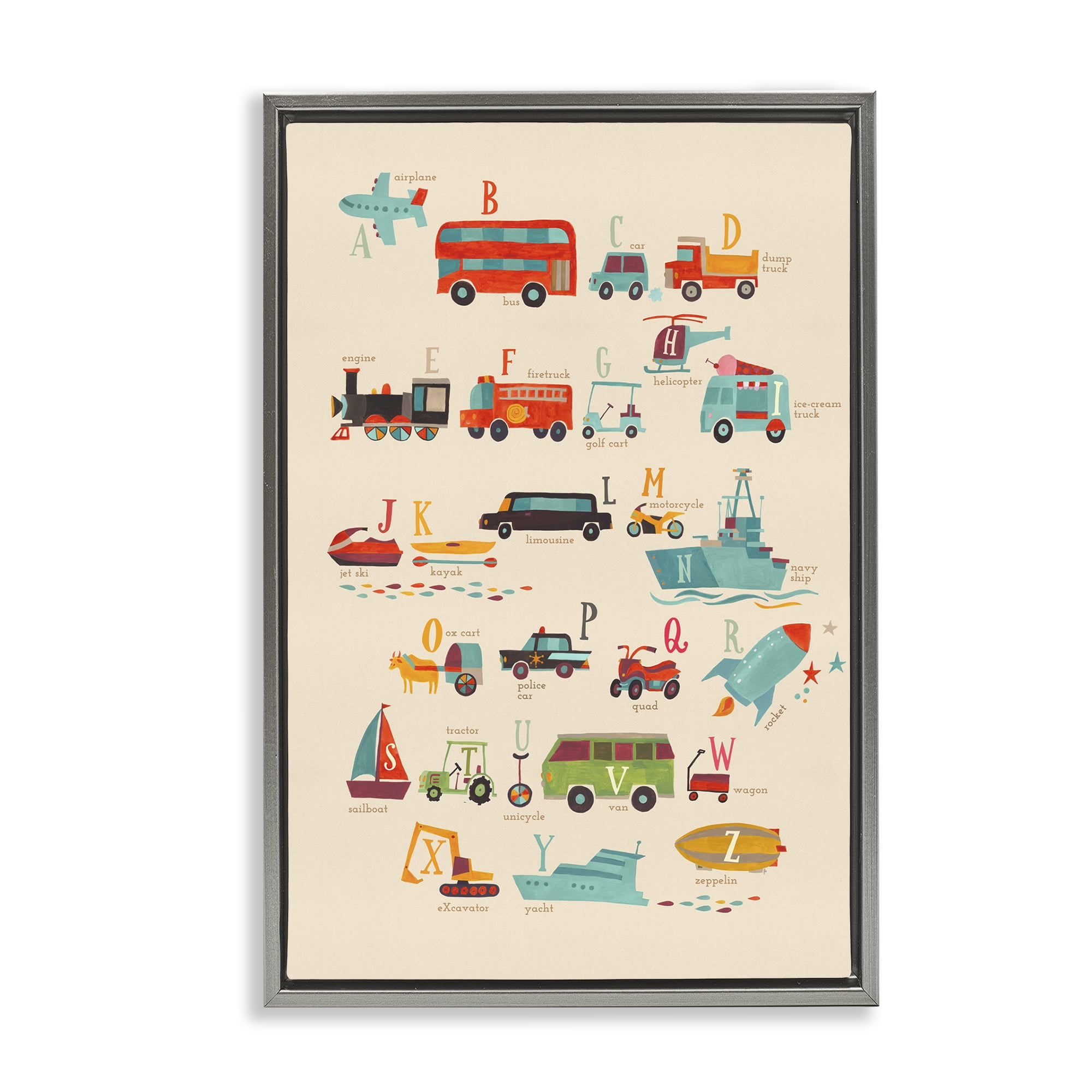 Stupell Industries Varied Transportation Alphabet Education Painting Gray Floater Framed Canvas Art Print Wall Art, 21 x 31