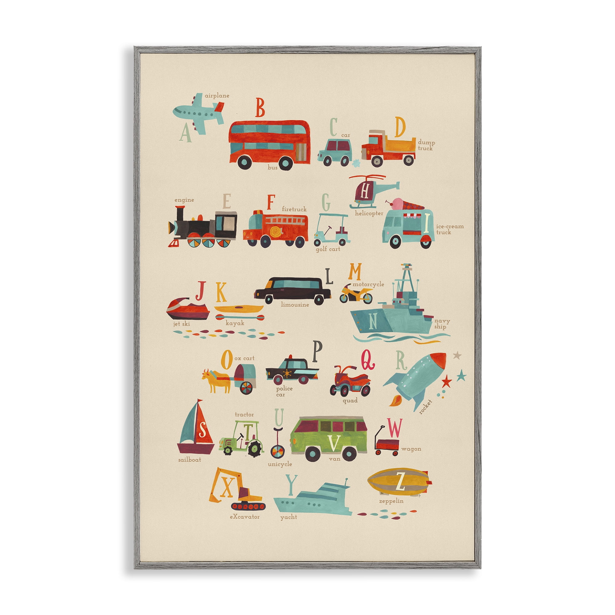 Stupell Industries Varied Transportation Alphabet Education Painting Gray Framed Art Print Wall Art, 20 x 30