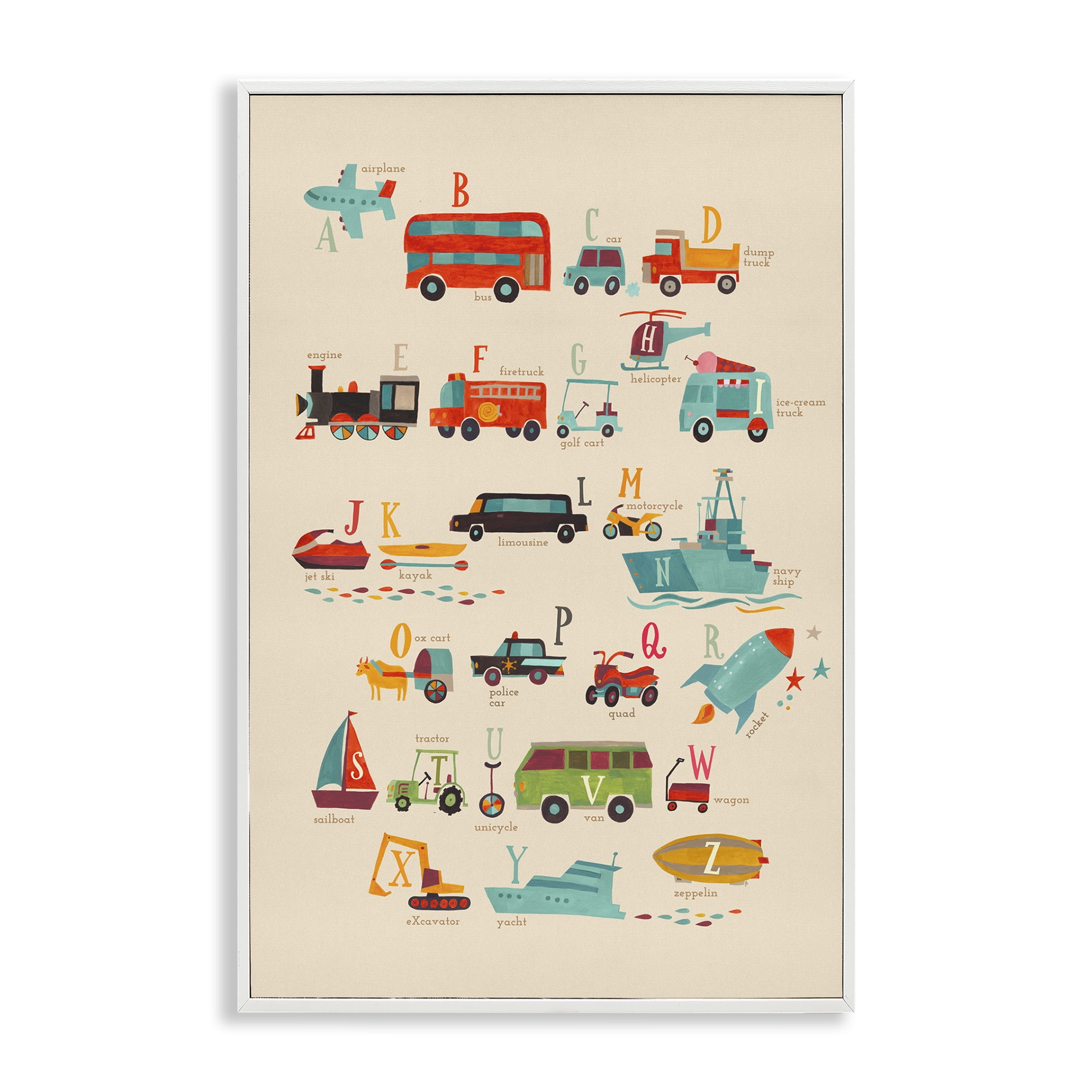 Stupell Industries Varied Transportation Alphabet Education Painting White Framed Art Print Wall Art, 16 x 24