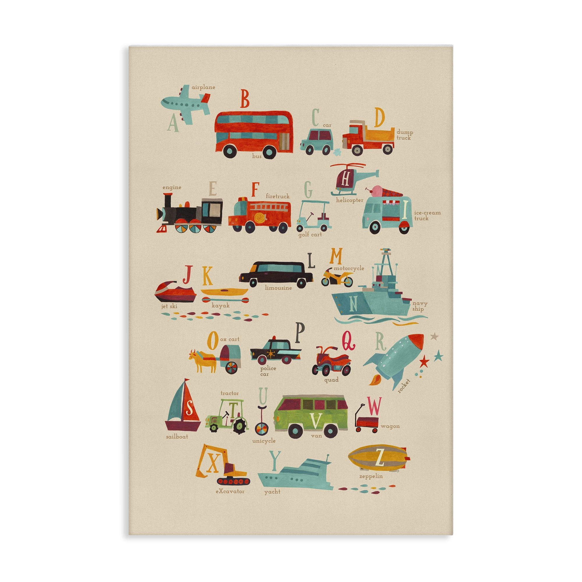 Stupell Industries Varied Transportation Alphabet Education Painting Wrapped Canvas Art Print Wall Art, 20 x 30