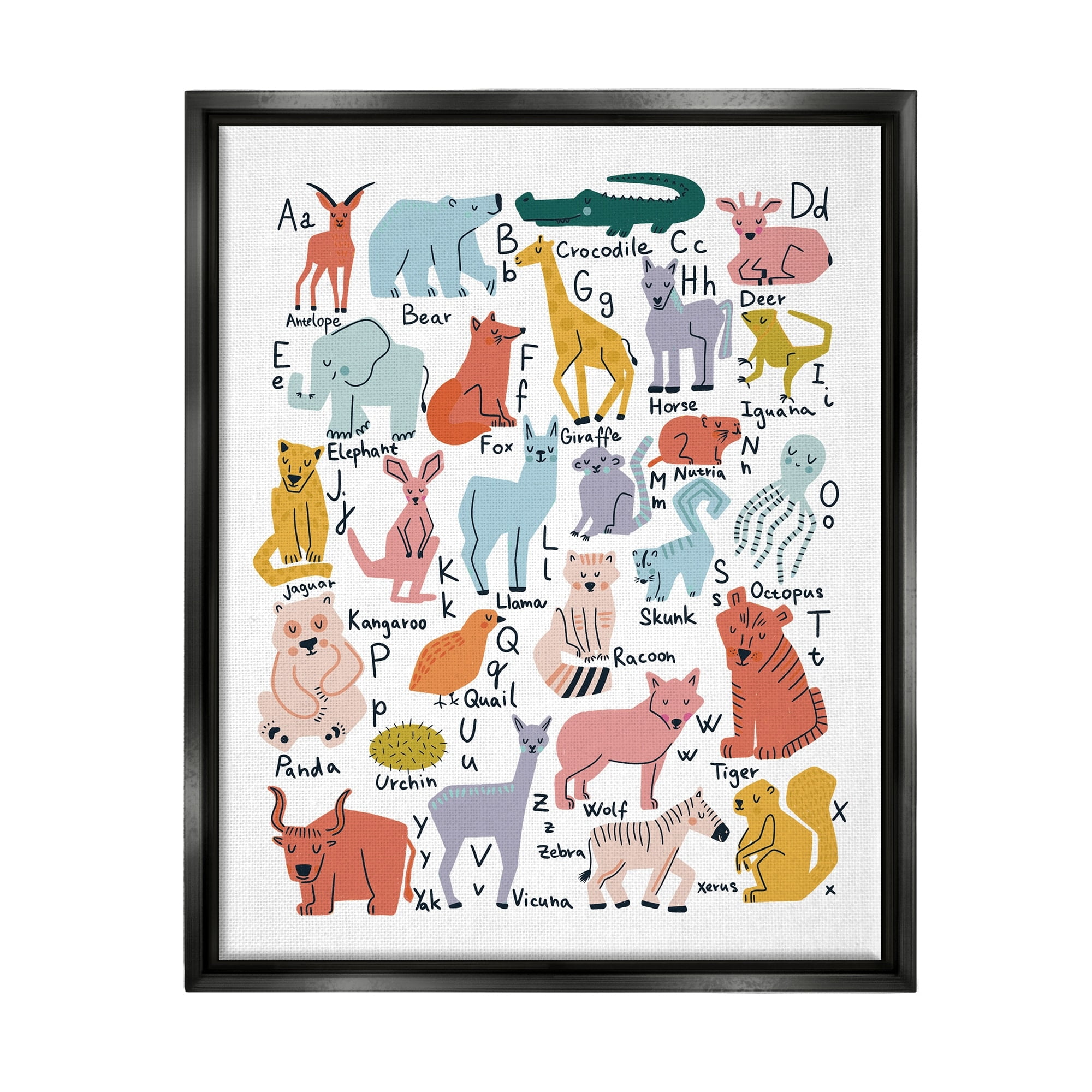 Stupell Industries Various Animal Alphabet Chart Educational Nature Wildlife Graphic Art Jet Black Floating Framed Canvas Print Wall Art, Design by Dominika Godette