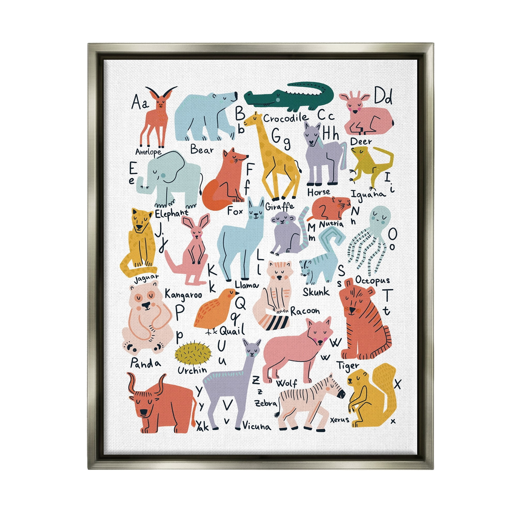 Stupell Industries Various Animal Alphabet Chart Educational Nature Wildlife Graphic Art Luster Gray Floating Framed Canvas Print Wall Art, Design by Dominika Godette