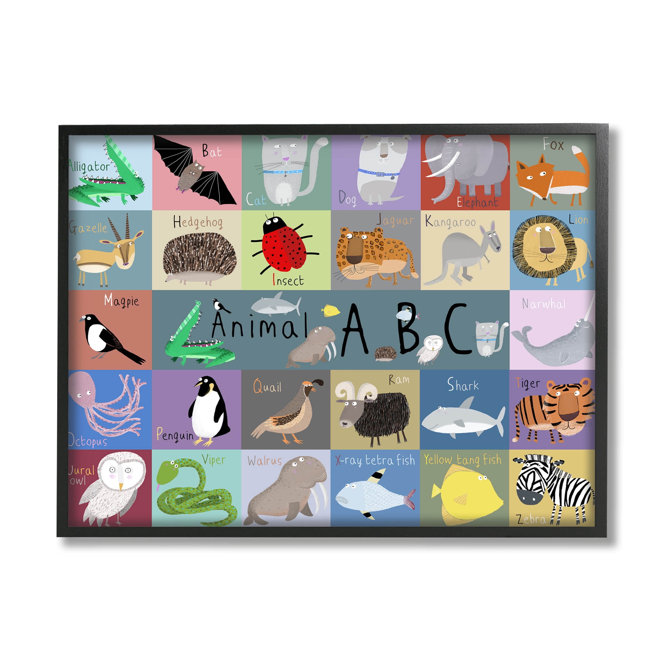 Stupell Industries Various Animal Alphabet Learning Graphic Art Black Framed Art Print Wall Art, Design by Carla Daly