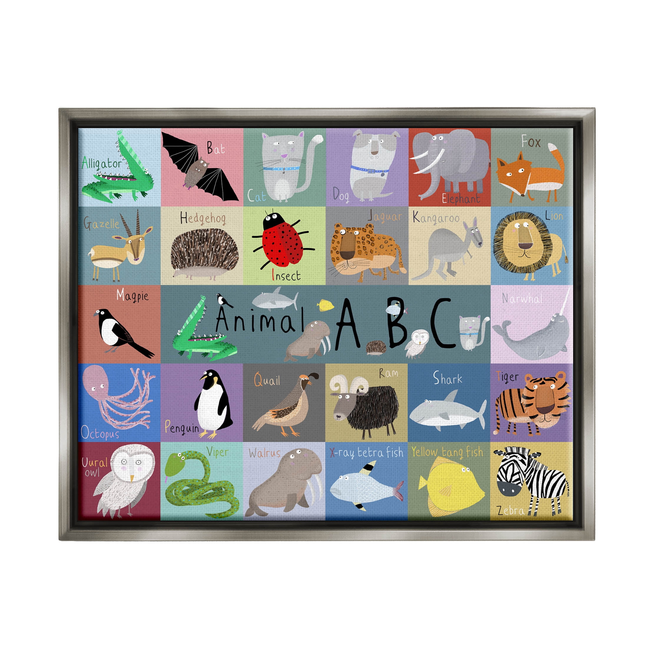 Stupell Industries Various Animal Alphabet Learning Graphic Art Luster Gray Floating Framed Canvas Print Wall Art, Design by Carla Daly
