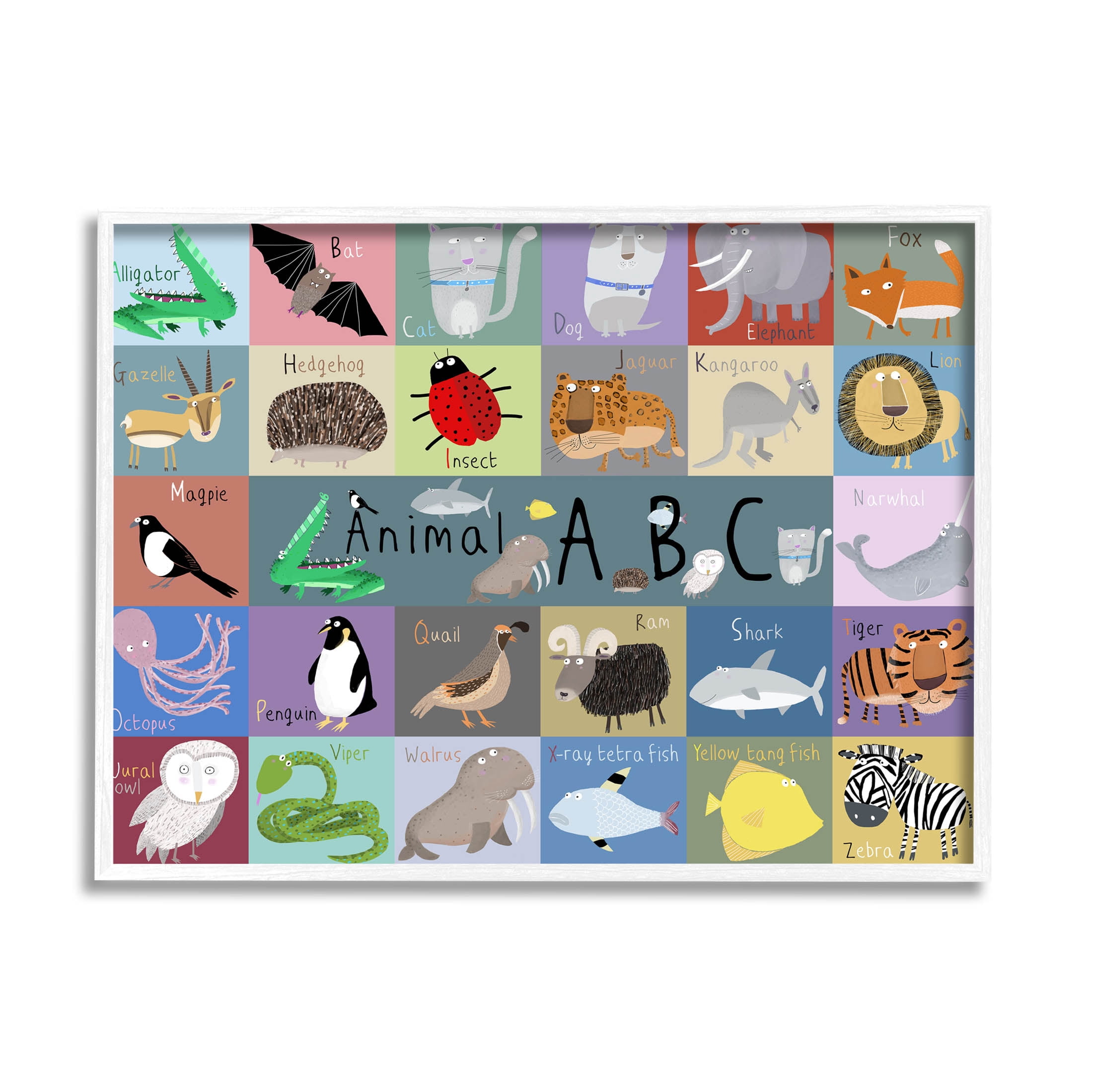 Stupell Industries Various Animal Alphabet Learning Graphic Art White Framed Art Print Wall Art, Design by Carla Daly