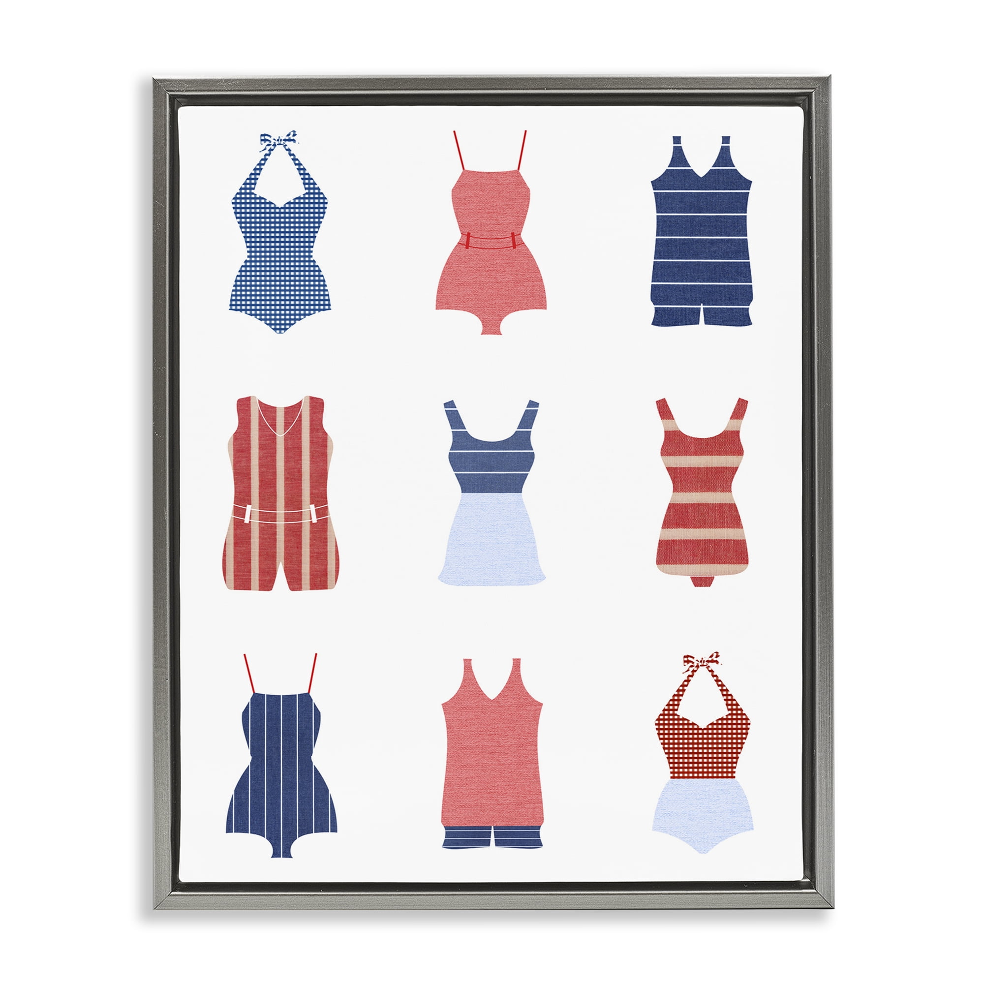 Stupell Industries Various Beach Swimsuits Beauty & Fashion Painting Gray Floater Framed Canvas Art Print Wall Art, 17 x 21