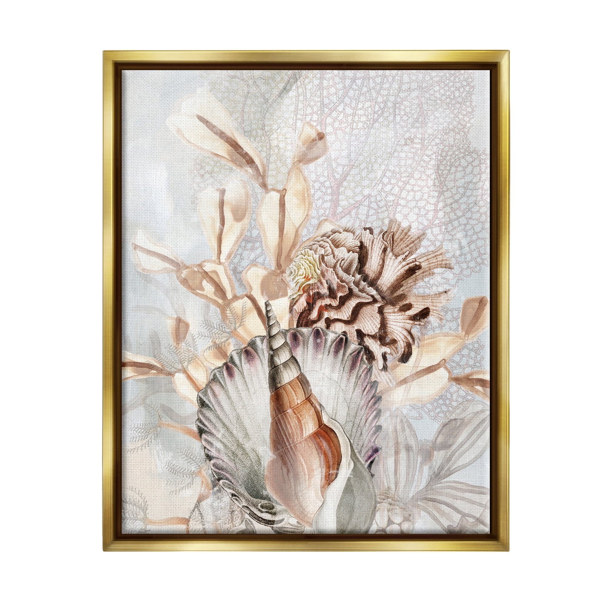 Stupell Industries Various Beige Sea Life Animals & Insects Painting Gold Floater Framed Canvas Art Print Wall Art, 17 x 21