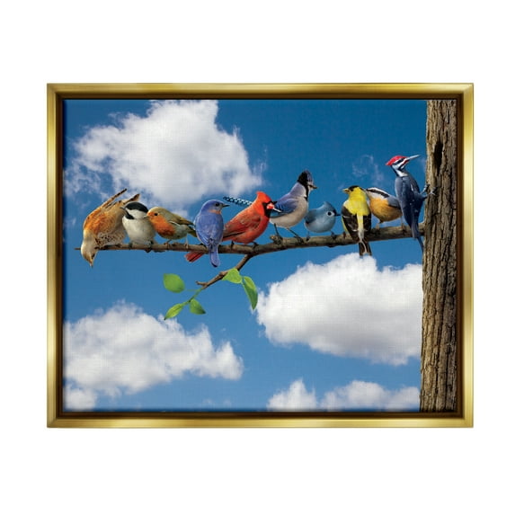 Stupell Industries Various Birds on Branch Animals & Insects Painting Gold Floater Framed Canvas Art Print Wall Art, 31 x 25