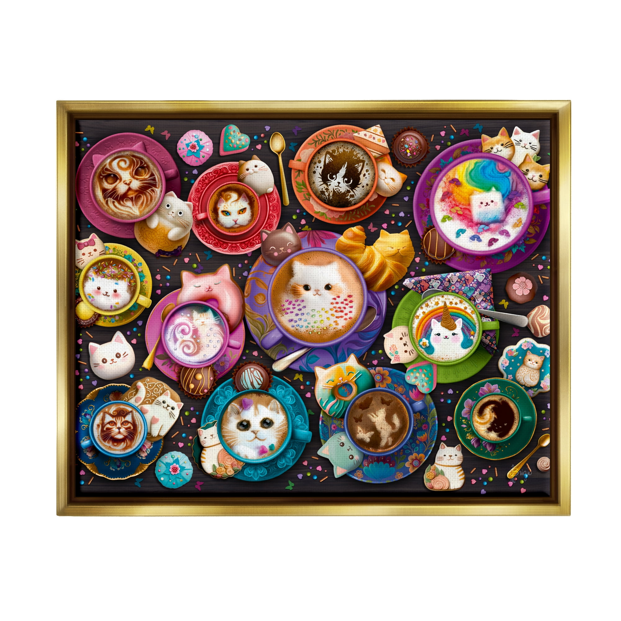 Stupell Industries Various Cat Lattes Food & Beverage Painting Gold Floater Framed Canvas Art Print Wall Art, 31 x 25