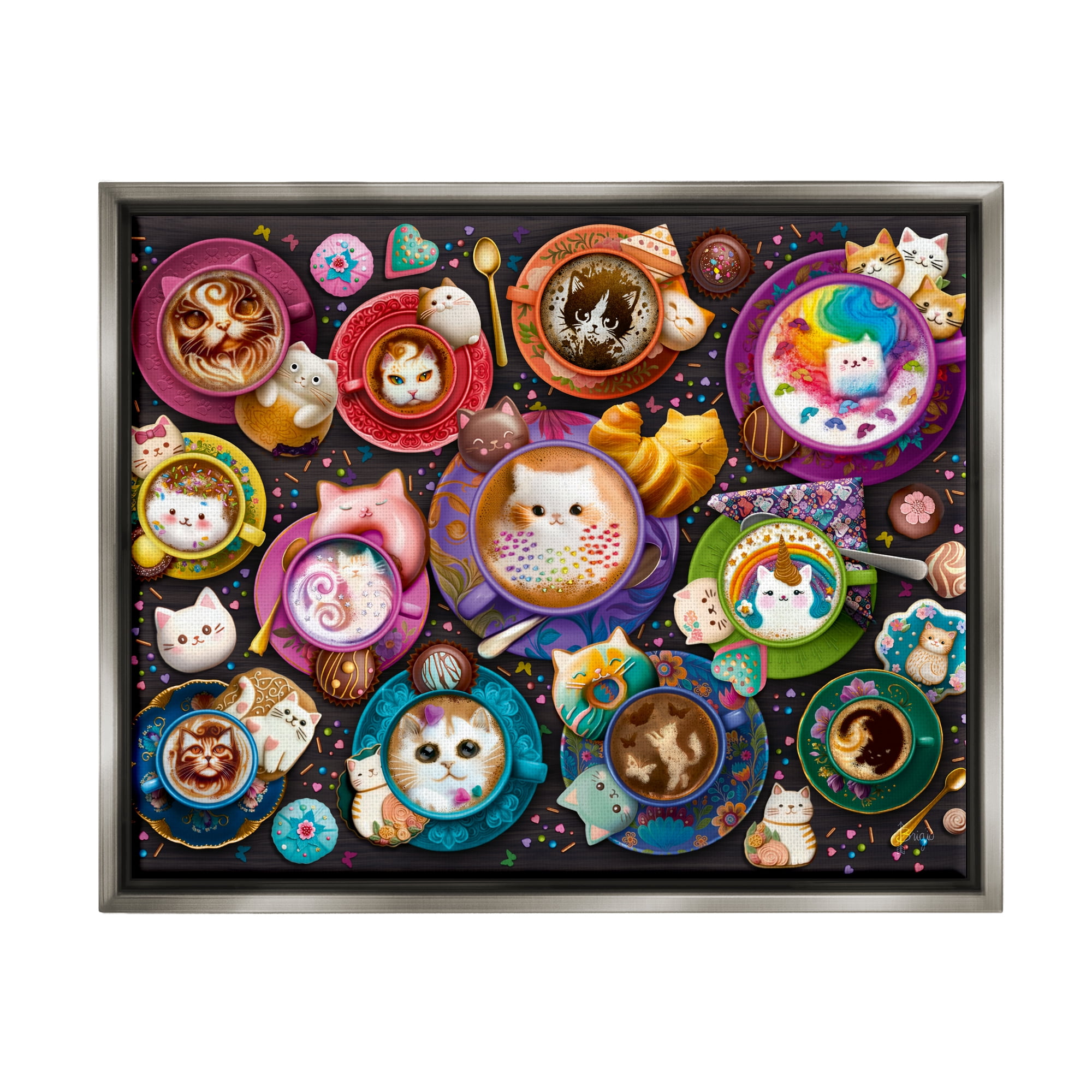 Stupell Industries Various Cat Lattes Food & Beverage Painting Gray Floater Framed Canvas Art Print Wall Art, 21 x 17