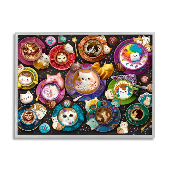 Stupell Industries Various Cat Lattes Food & Beverage Painting Gray Framed Art Print Wall Art, 30 x 24