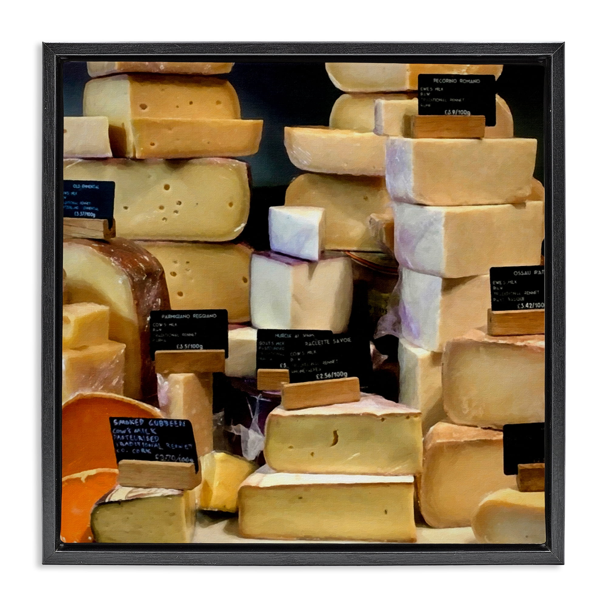 Stupell Industries Various Cheeses Still Life Food & Beverage Painting Black Floater Framed Canvas Art Print Wall Art, 25 x 25