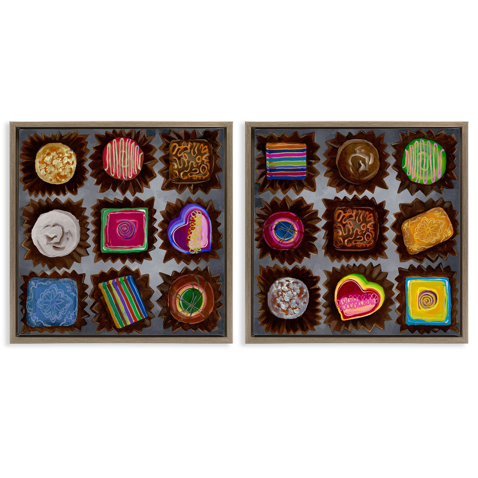 Stupell Industries Various Chocolate Choices Food & Beverage Painting Brown Floater Framed Canvas Art Print Wall Art, 18 x 18, Set of 2