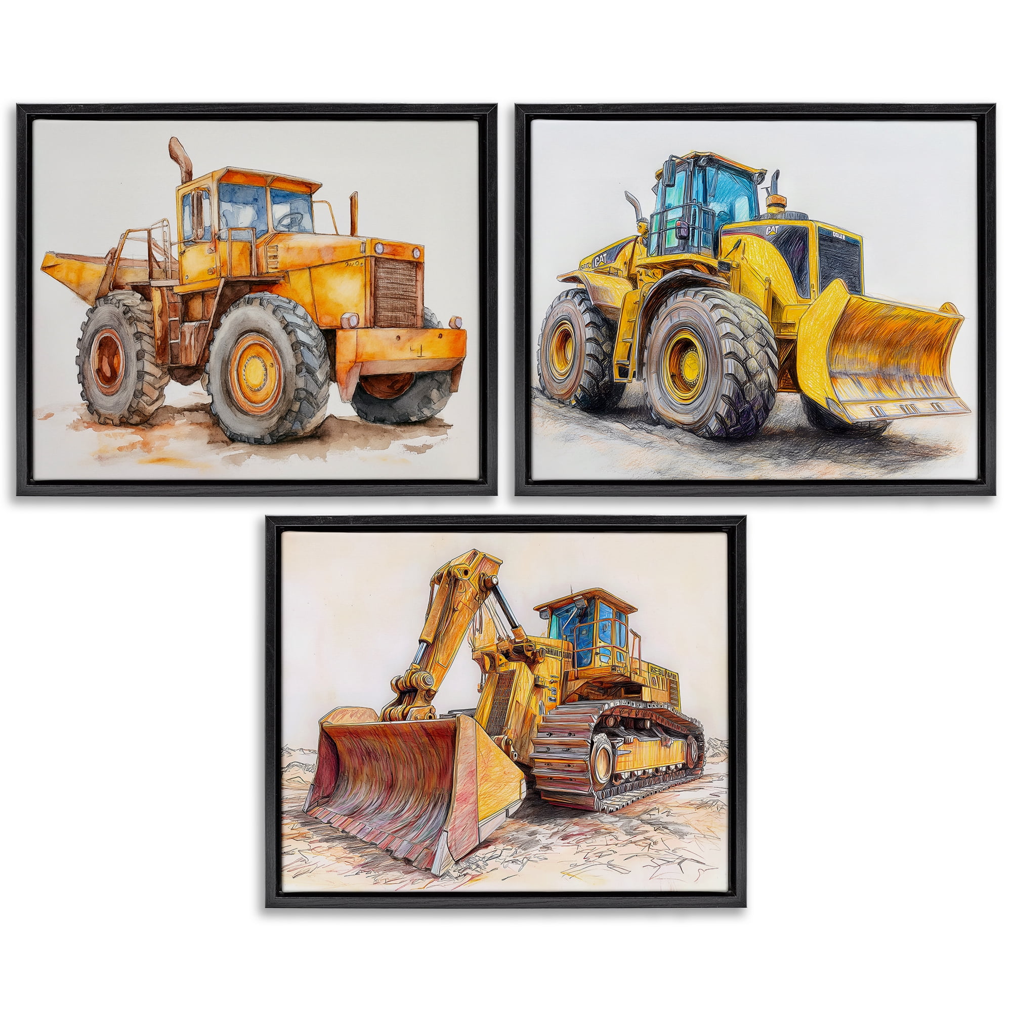 Stupell Industries Various Construction Trio 3 Piece Black Framed Floater Canvas Set, design by Steve Hunziker