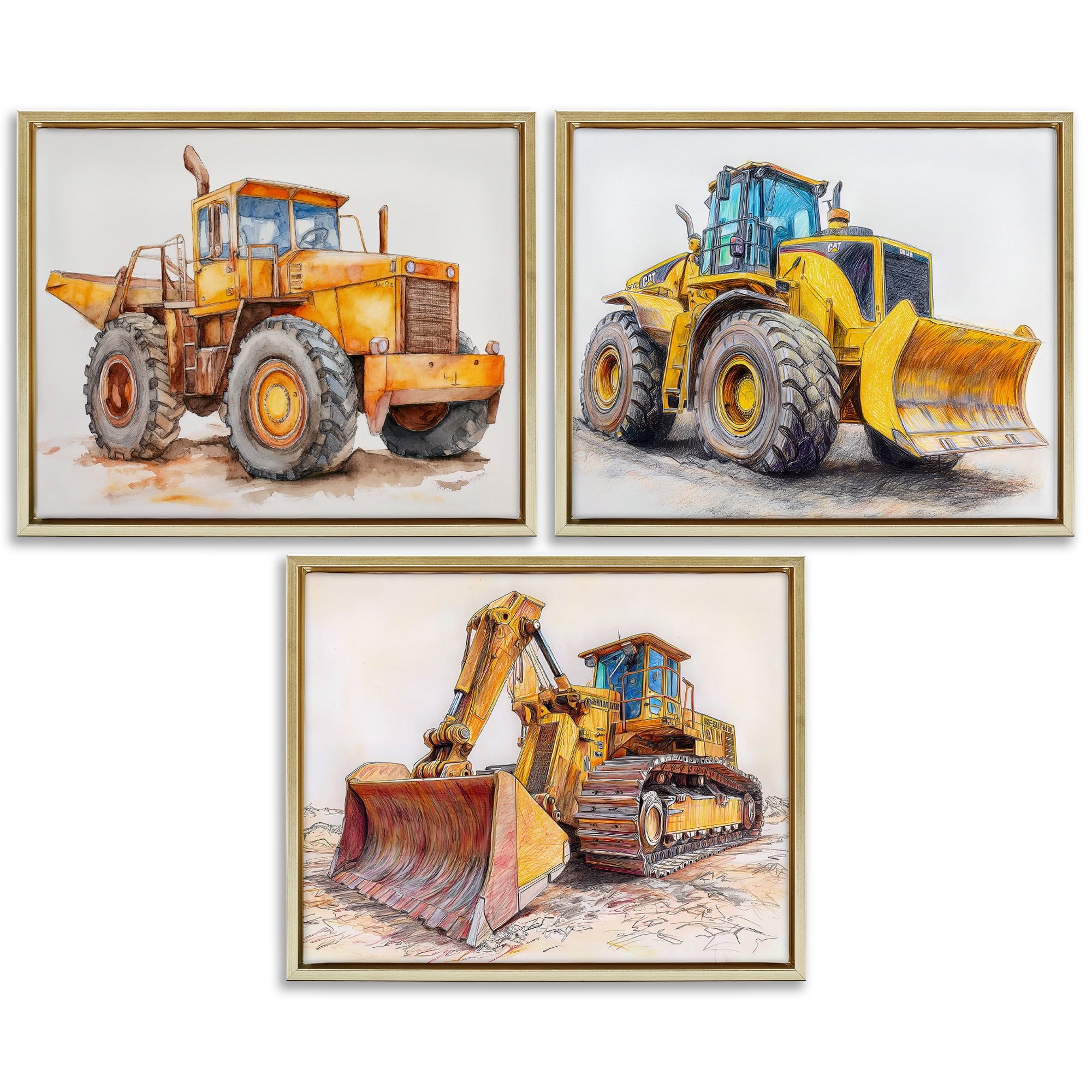 Stupell Industries Various Construction Trio 3 Piece Gold Framed Floater Canvas Set, design by Steve Hunziker