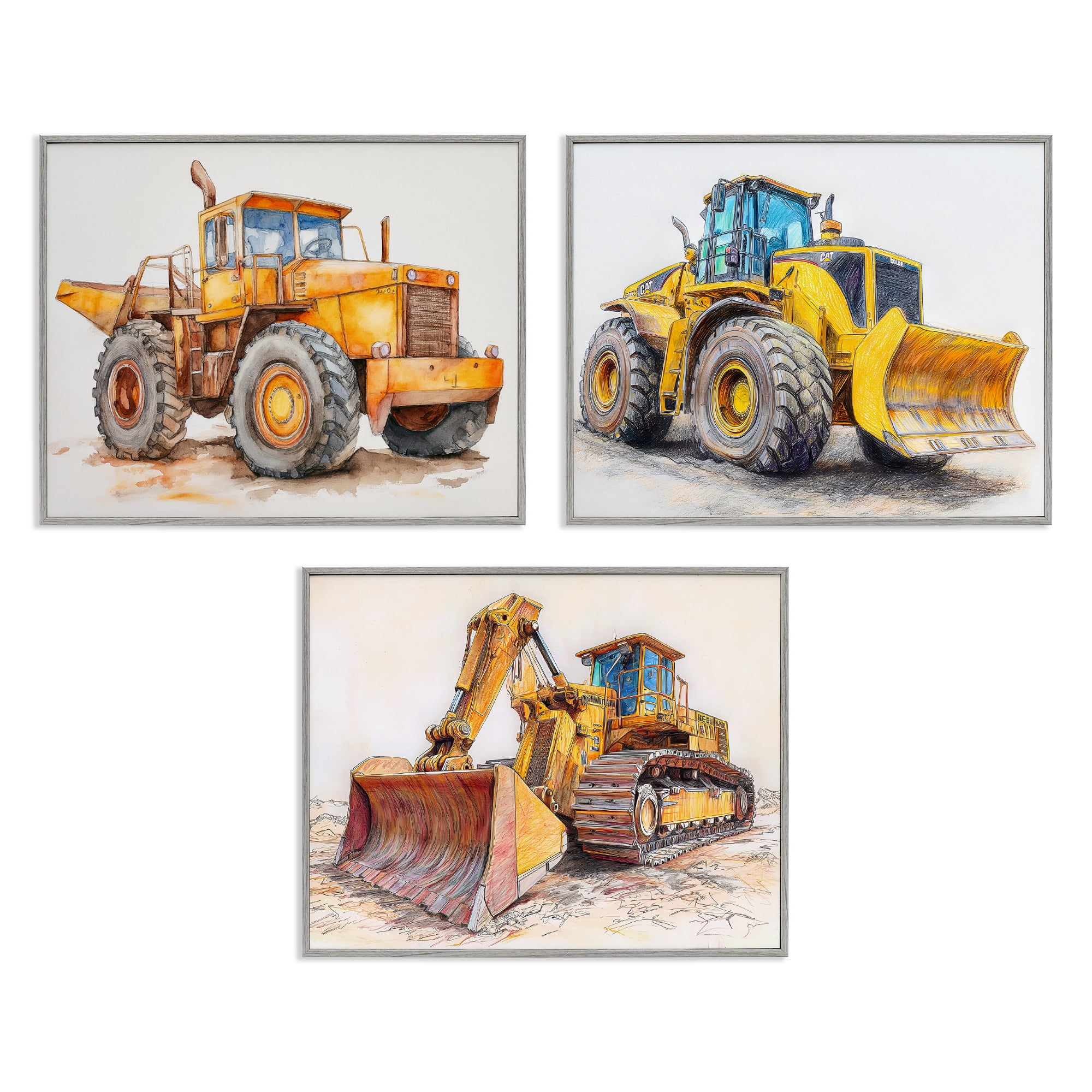Stupell Industries Various Construction Trio 3 Piece Gray Framed Giclee Art Set, design by Steve Hunziker
