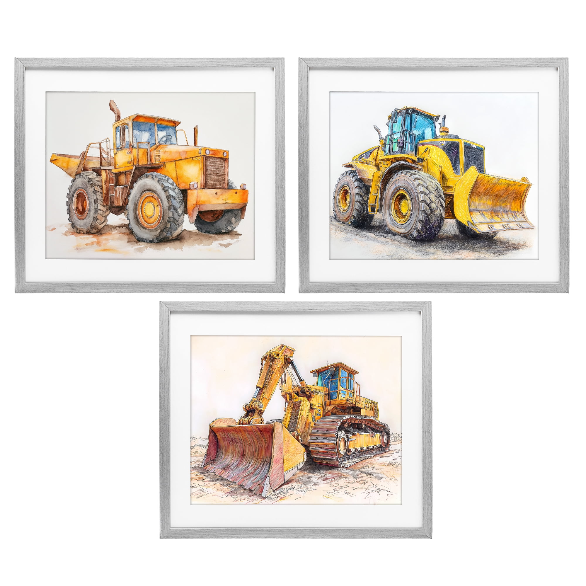 Stupell Industries Various Construction Trio 3 Piece Gray Framed Print Under Glass Set, design by Steve Hunziker