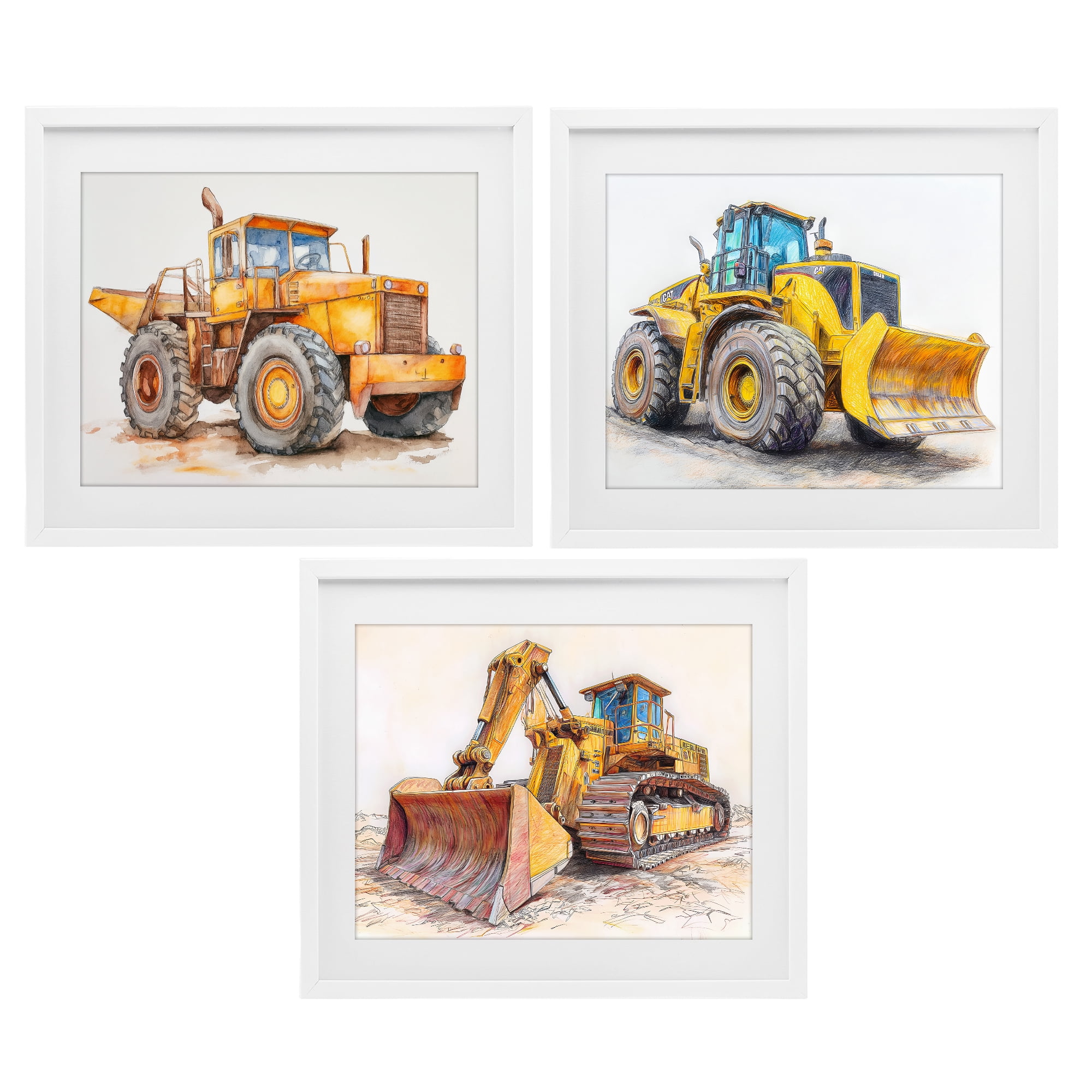 Stupell Industries Various Construction Trio 3 Piece White Framed Print Under Glass Set, design by Steve Hunziker