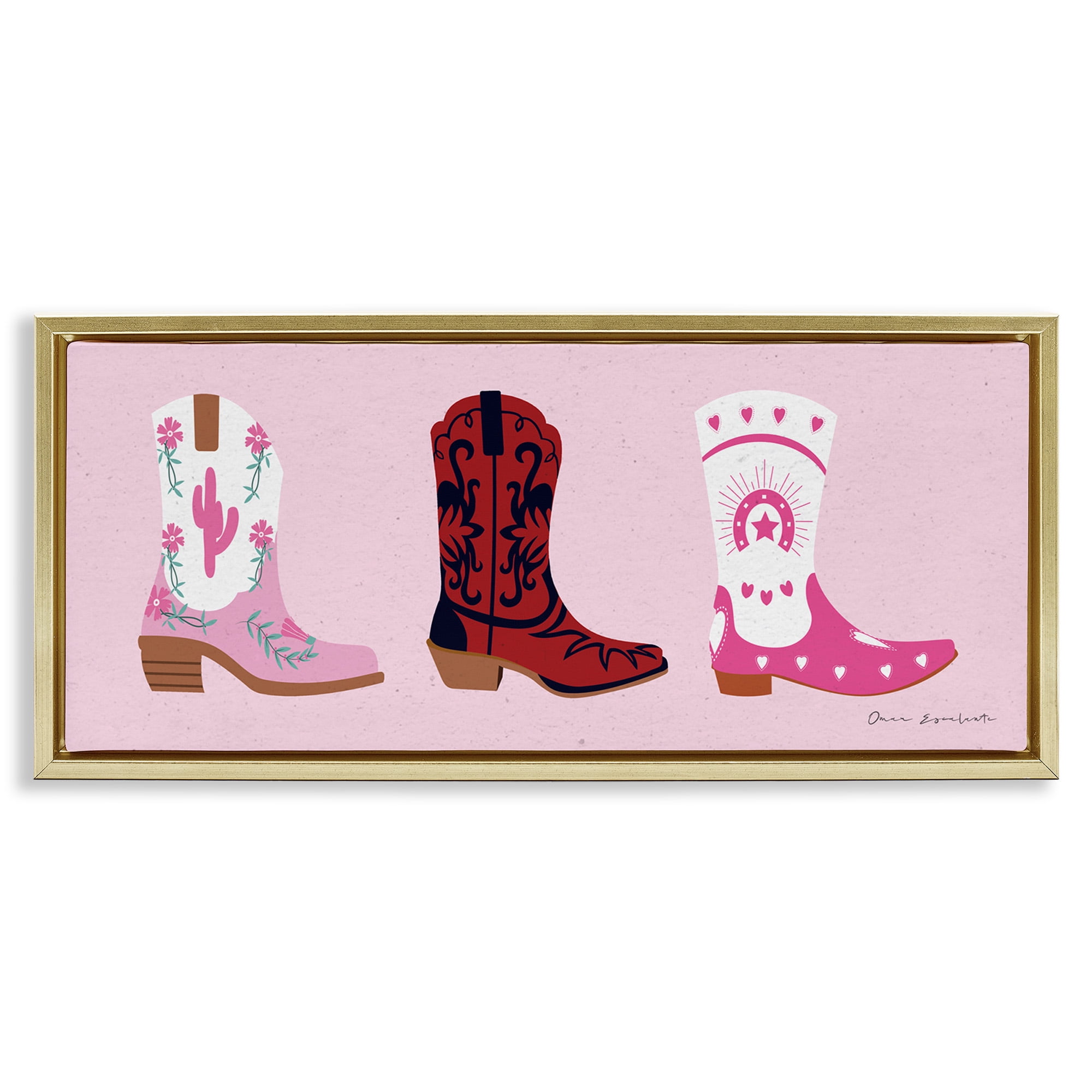 Stupell Industries Various Cowgirl Boots Beauty & Fashion Painting Gold Floater Framed Canvas Art Print Wall Art, 31 x 14