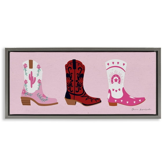 Stupell Industries Various Cowgirl Boots Beauty & Fashion Painting Gray Floater Framed Canvas Art Print Wall Art, 25 x 11