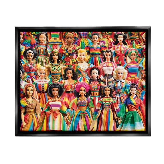 Stupell Industries Various Cultural Dolls Novelty Painting Black Floater Framed Canvas Art Print Wall Art, 21 x 17