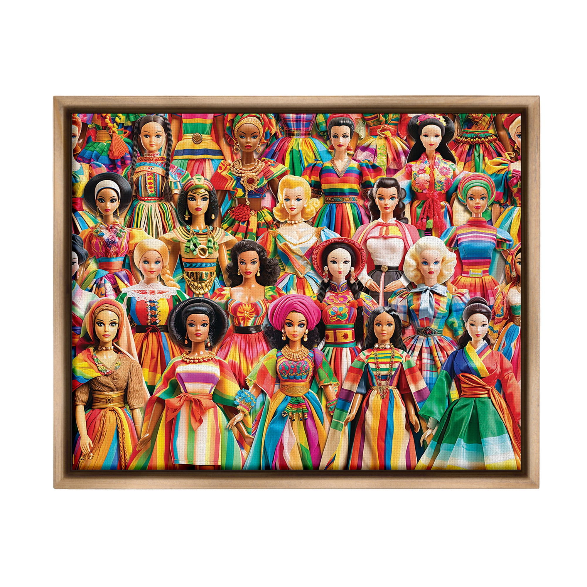 Stupell Industries Various Cultural Dolls Novelty Painting Brown Floater Framed Canvas Art Print Wall Art, 21 x 17
