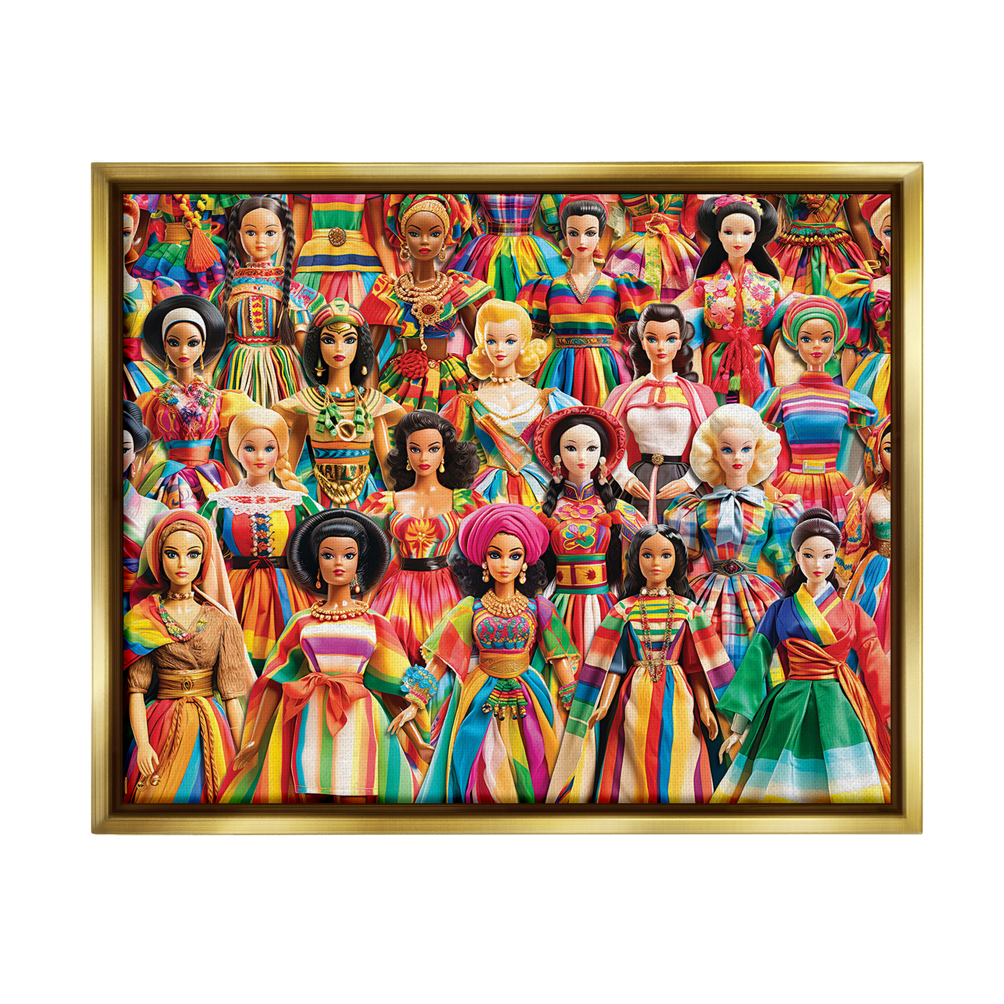 Stupell Industries Various Cultural Dolls Novelty Painting Gold Floater Framed Canvas Art Print Wall Art, 31 x 25