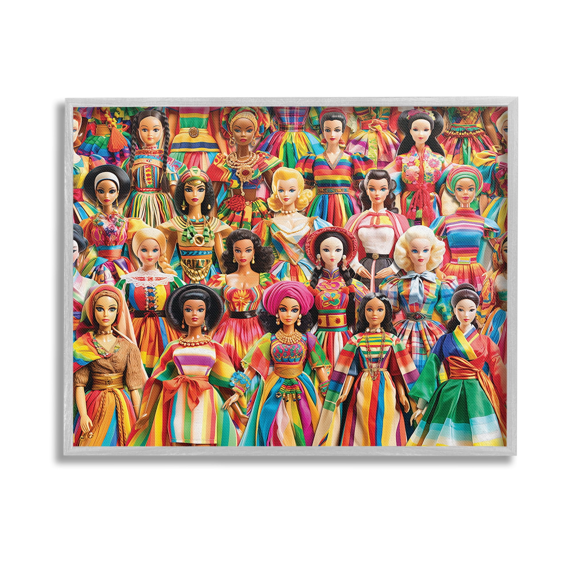Stupell Industries Various Cultural Dolls Novelty Painting Gray Framed Art Print Wall Art, 14 x 11