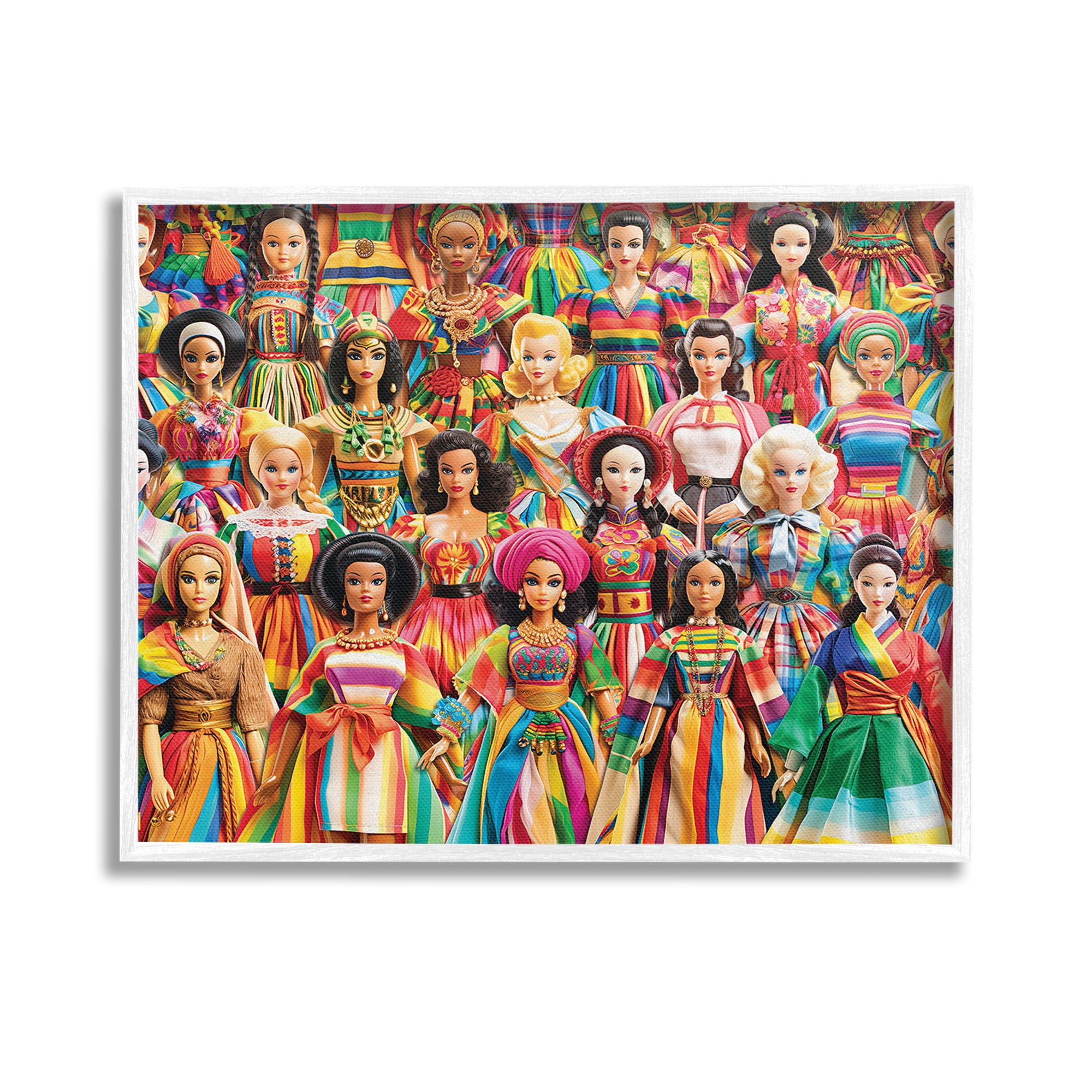 Stupell Industries Various Cultural Dolls Novelty Painting White Framed Art Print Wall Art, 14 x 11