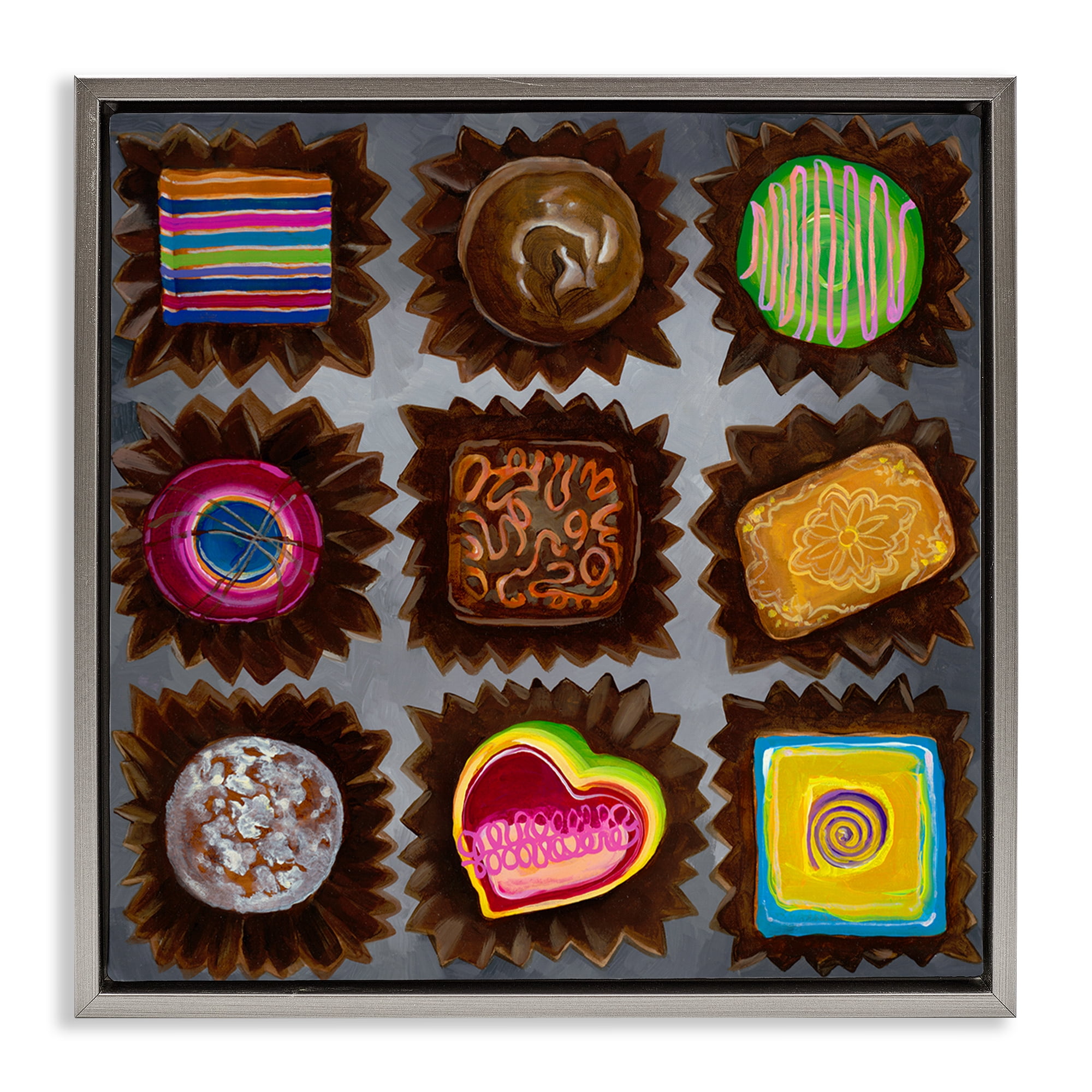 Stupell Industries Various Dessert Chocolates Food & Beverage Painting Gray Floater Framed Canvas Art Print Wall Art, 18 x 18