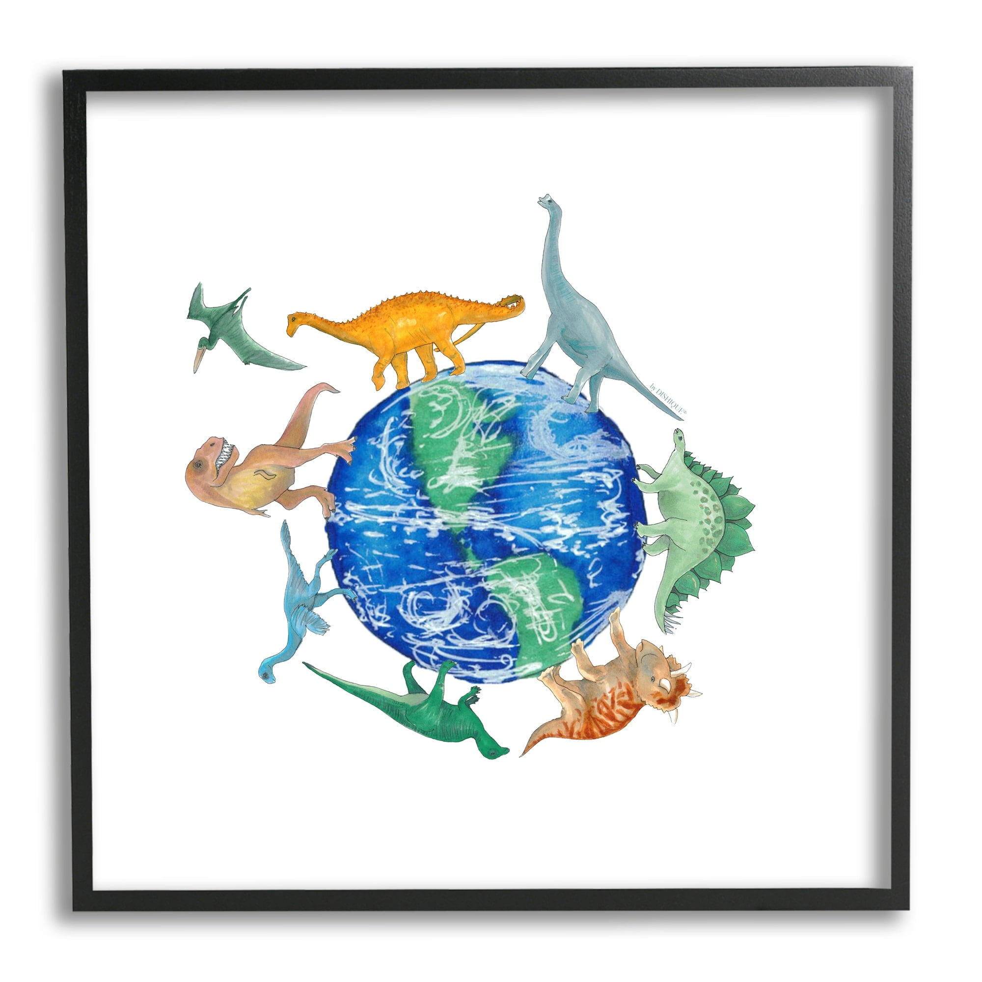 Stupell Industries Various Dinosaurs Circling Planet Earth Globe Illustration Graphic Art Black Framed Art Print Wall Art, Design by Dishique